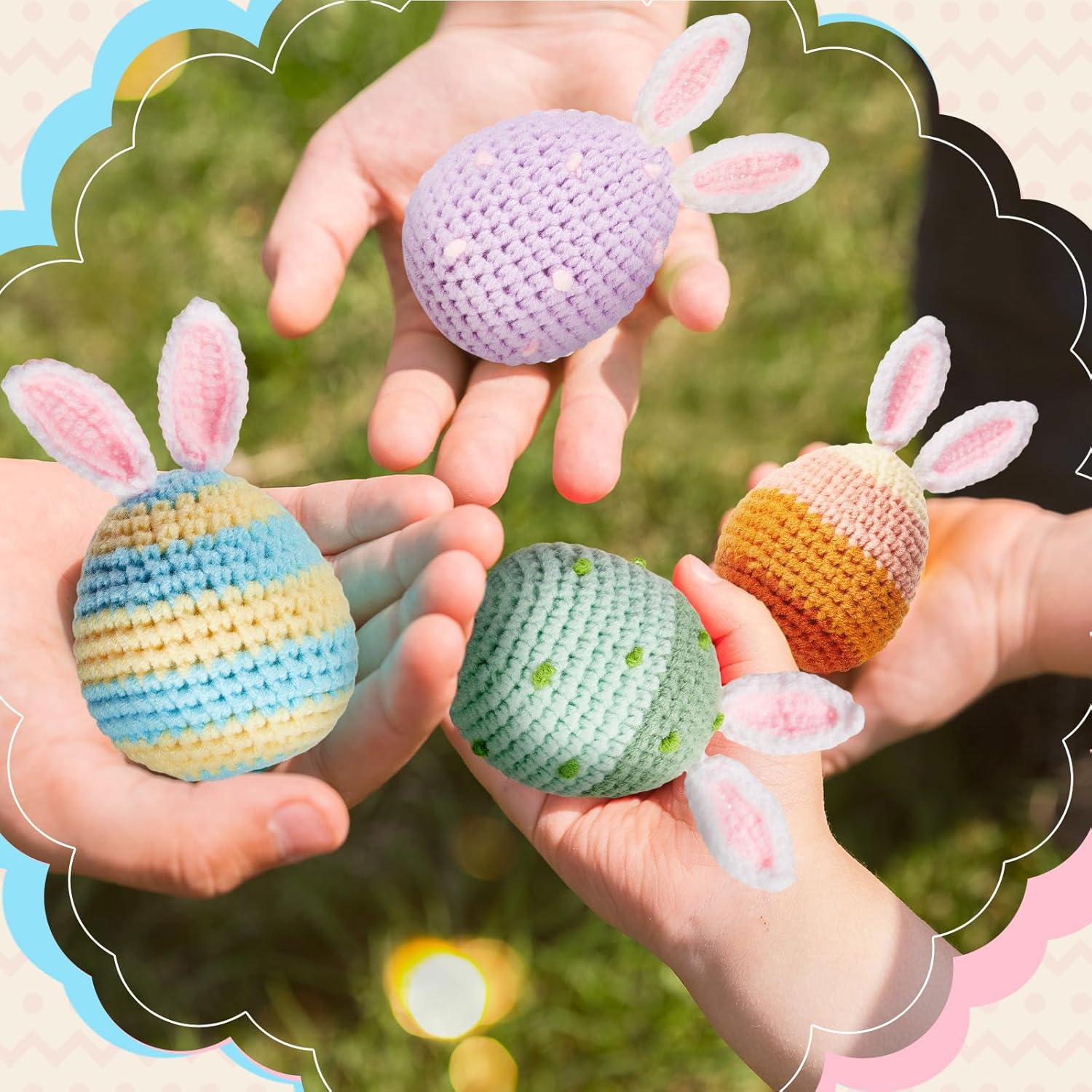 Gemscream 6 Pcs Crochet Easter Eggs Handmade Decorative Bunny Ear Egg Ornaments for Easter Basket Fillers Party Decoration Crafts Favor