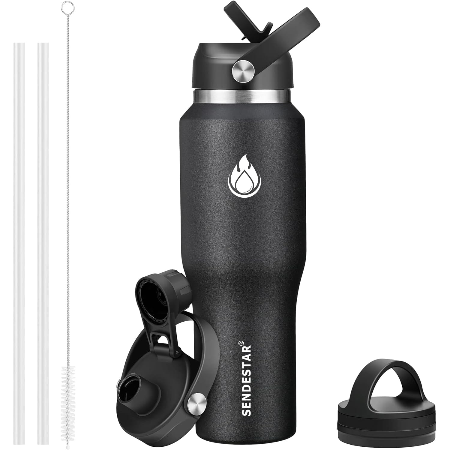 SENDESTAR 40oz Stainless Steel Water Bottle(Cold for 48 Hrs, Hot for 24 Hrs),Double Wall Vacuum Insulated Bottle with Straw Lid, Spout Lid and Flex Cap, Fit in Any Car Cup Holder,Black