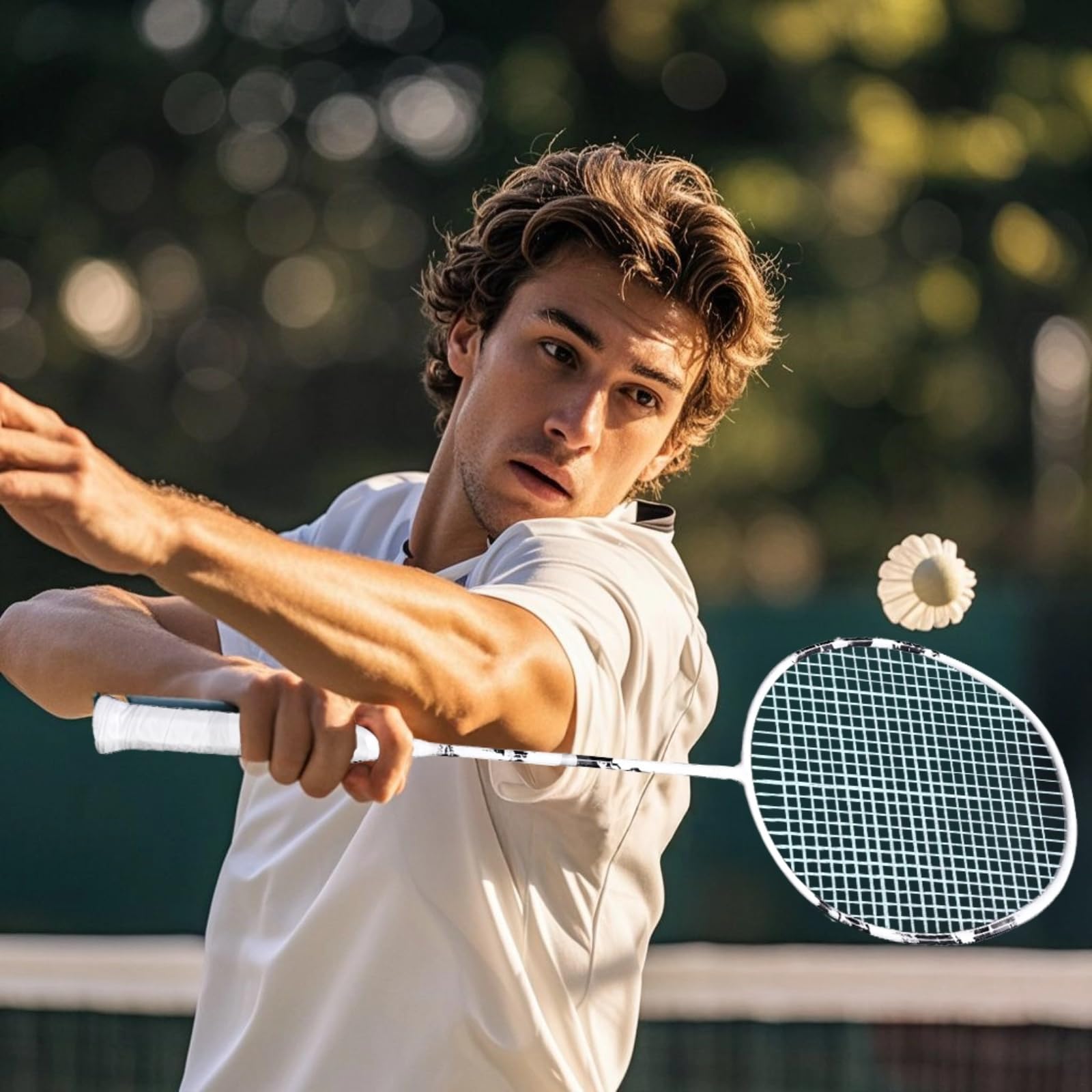 PONDON Kit racchetta da badminton in fibra di carbonio con corda ad alta tensione, 3 volani e nastro adesivo, racchetta leggera 4U con custodia per il trasporto e manico per allenamento