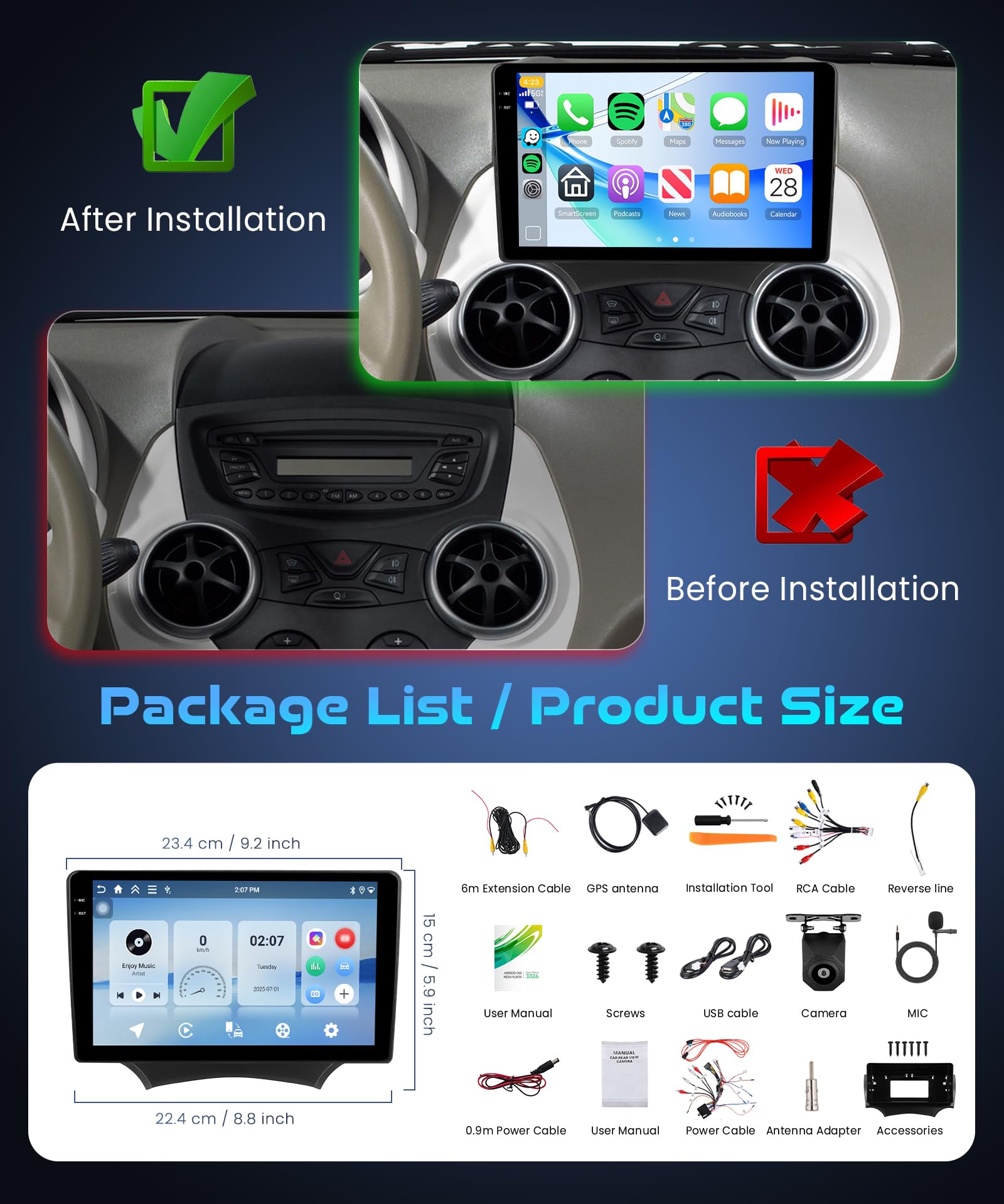 Rimoody 4G+128G Android Autoradio per Ford Ka 2008-2014 9" Schermo IN-CELL HD Touchscreen Radio Auto Carplay Android Auto Senza Fili FM/RDS/EQ WiFi Navi GPS Bluetooth Comandi al Volante Retrocamera