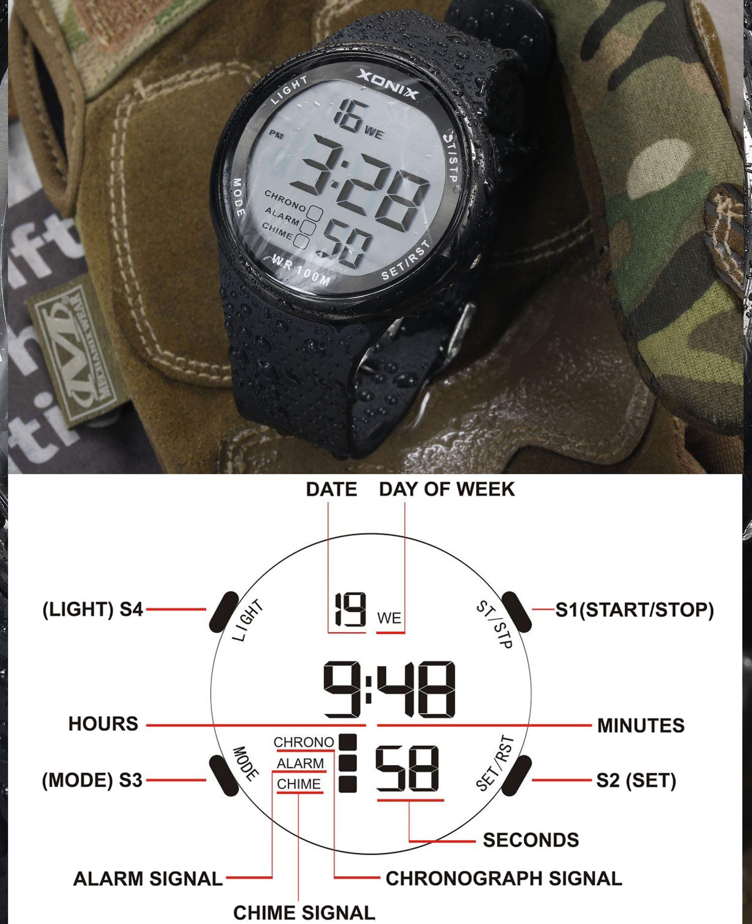Herren digitale LED Uhr mit geringem Verbrauch Multifunktions wasserdicht 100 m Wassersport Tauchen Schwimmen Silikonarmband Durchmesser 44 mm…