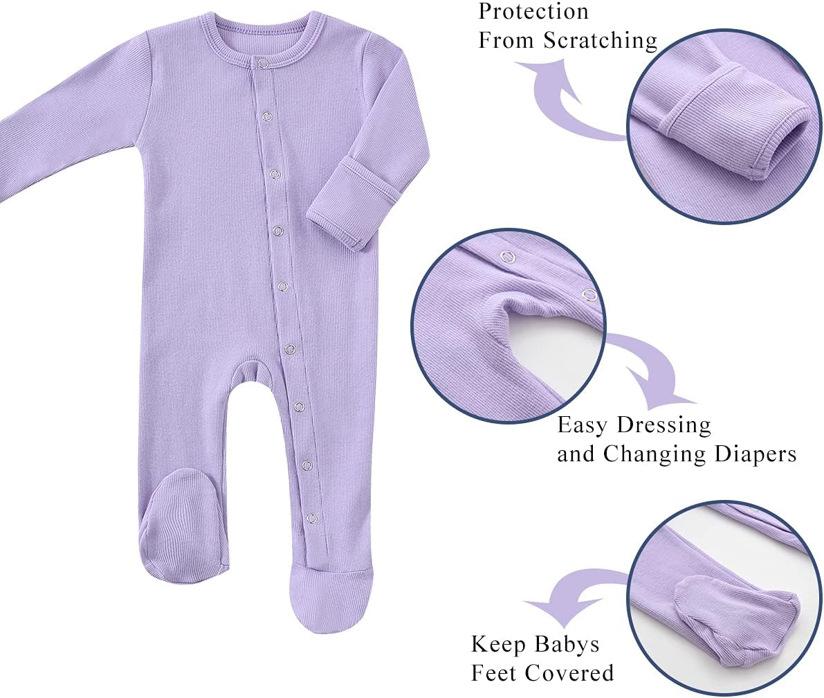 KISBINI Baby Footed Pajamas with Mitten Cuffs Unisex Cotton Snap-up Romper Jumpsuit Sleep and Play 0-12 Months Footies - Image 2