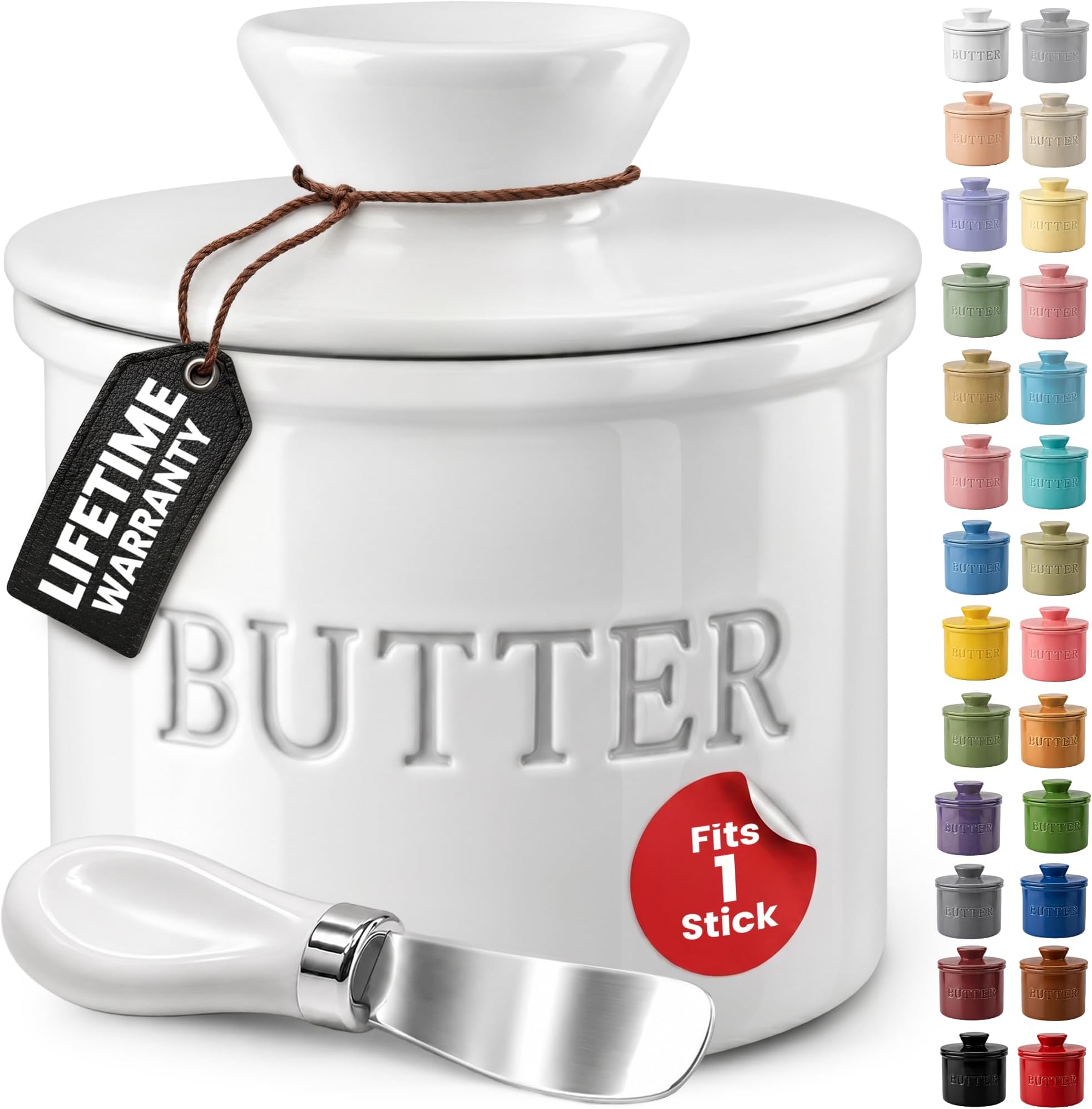 Butter Crock with Lid for Countertop with Spreader Knife and Water Line, Soft Spreadable Butter, Ceramic French Butter Dish with Lid, White