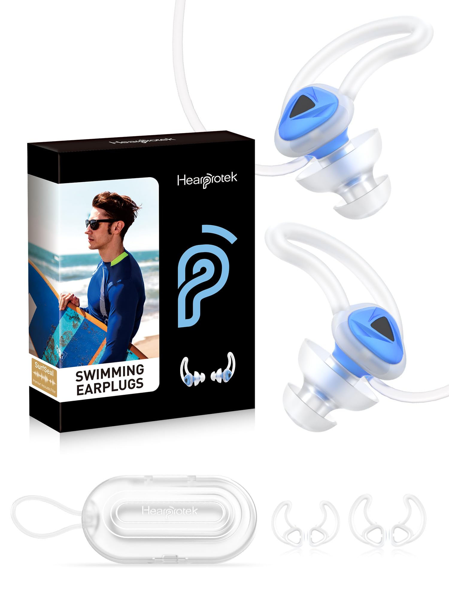 Hearprotek Swimmer Ear Plugs, 1 Pair Custom-fit Water Protection Adult Swimming Earplugs for Swimmers Surfer, Universal-fit with Lanyard, Perfect for Swimming,Surfing, Other Water Activities Blue