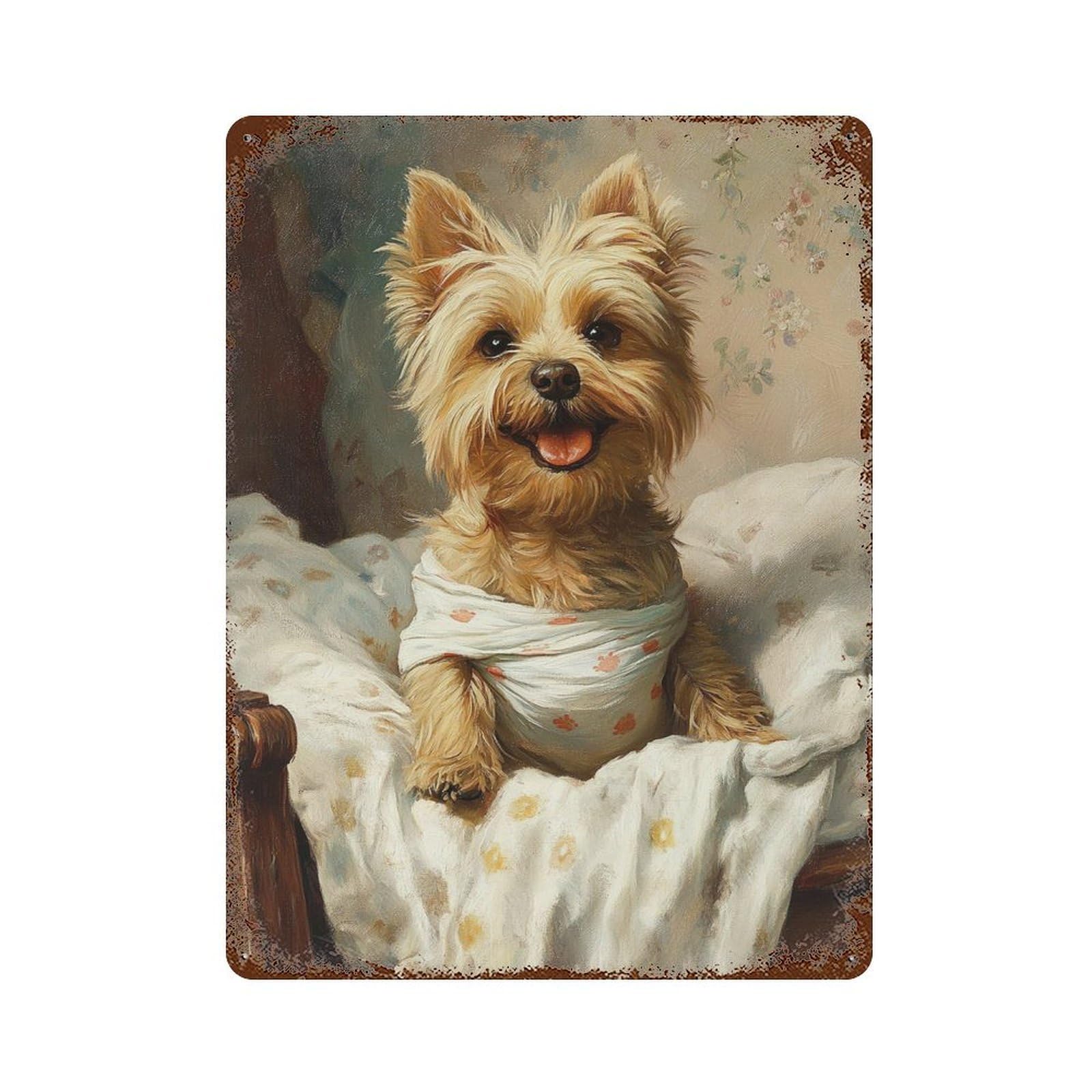 Weathered Tin Sign with Adorable Yorkshire Terrier in Bed Design 15.7"x11.8", for Office, Studio And Wall Decor, Retro Wall Decor