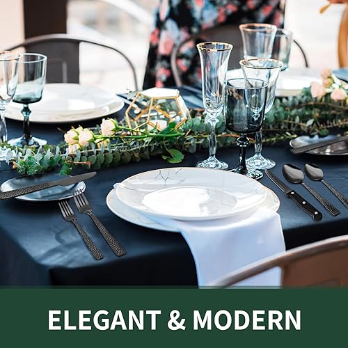 Miniatura 6 de Juego de cubiertos martillados de color negro, juego de cubiertos cuadrados de acero inoxidable de 24 piezas con cuchillos de carne para 4, vajilla