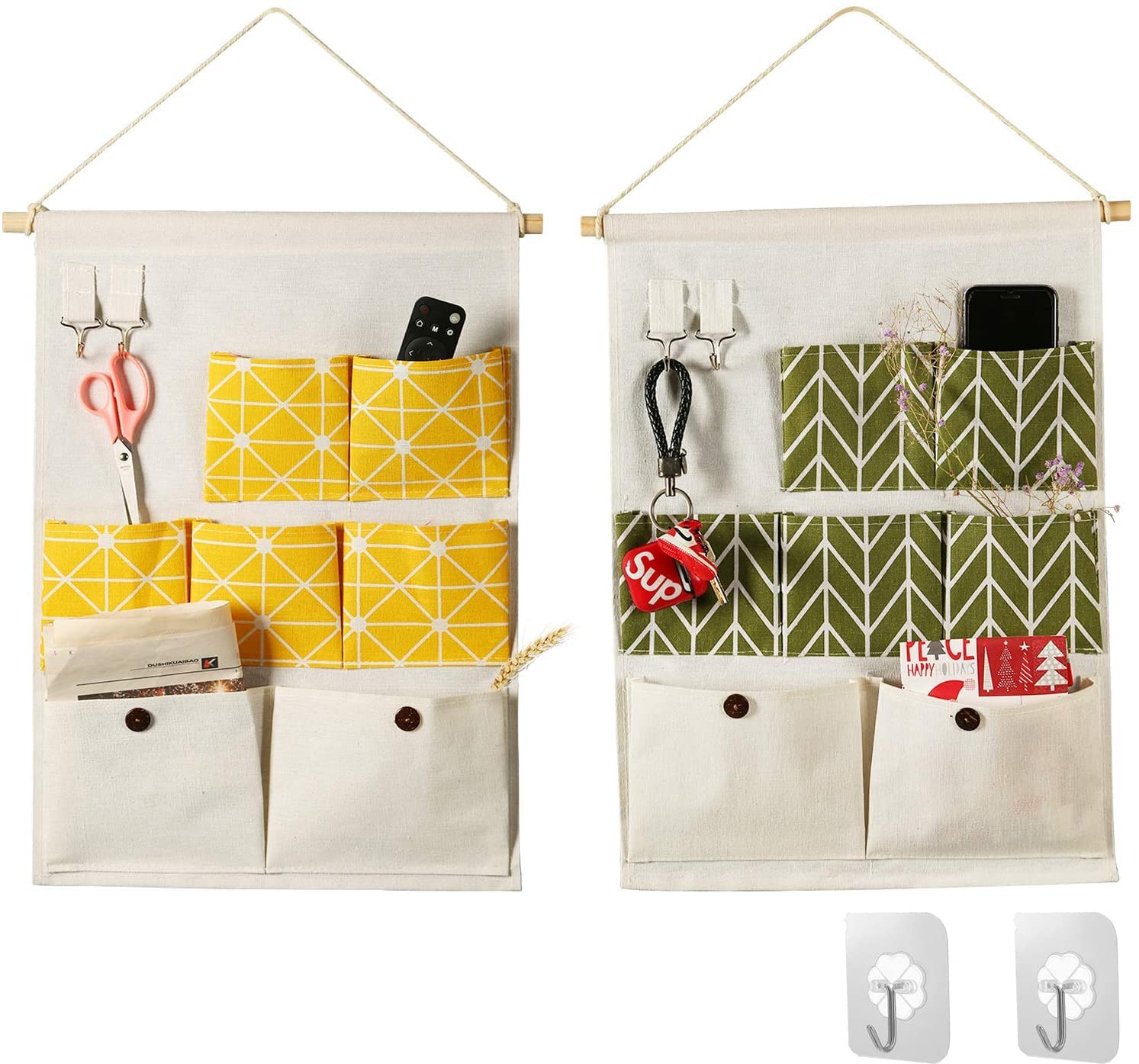 ELECDON Organizer Storage, Hanging Organizer Storage, 7 Pockets, for Fabric Wall Door Storage Bag (2 Packs, Yellow+Green)