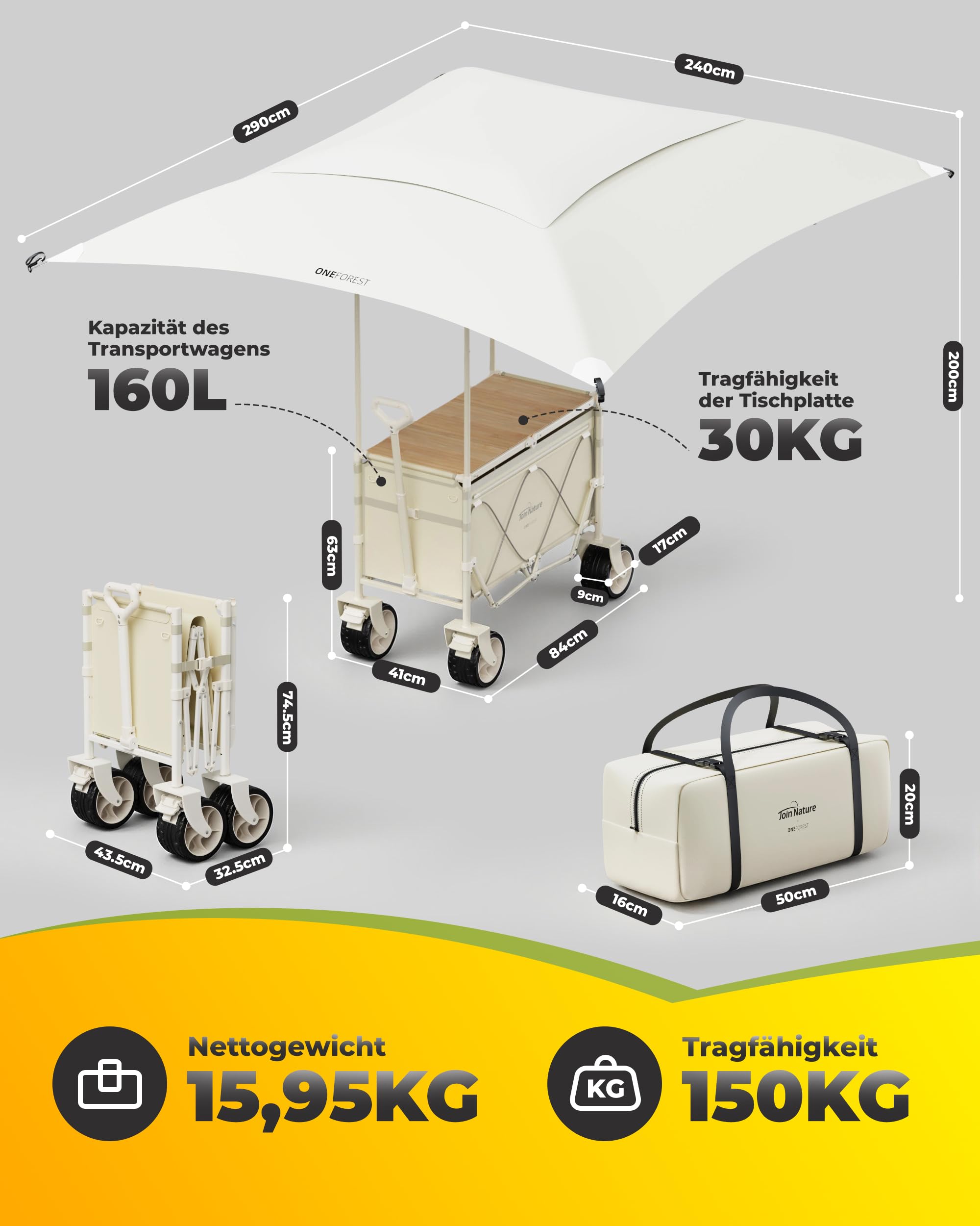 Join Nature 3-in-1 Bollerwagen Faltbar mit Camping-Tischplatte & Sonnendach, Faltbarer Bollerwagen 160L, Breite Reifen Strandwagen Klappbar für Alle Gelände Camping, Hunde, Strand, Transport