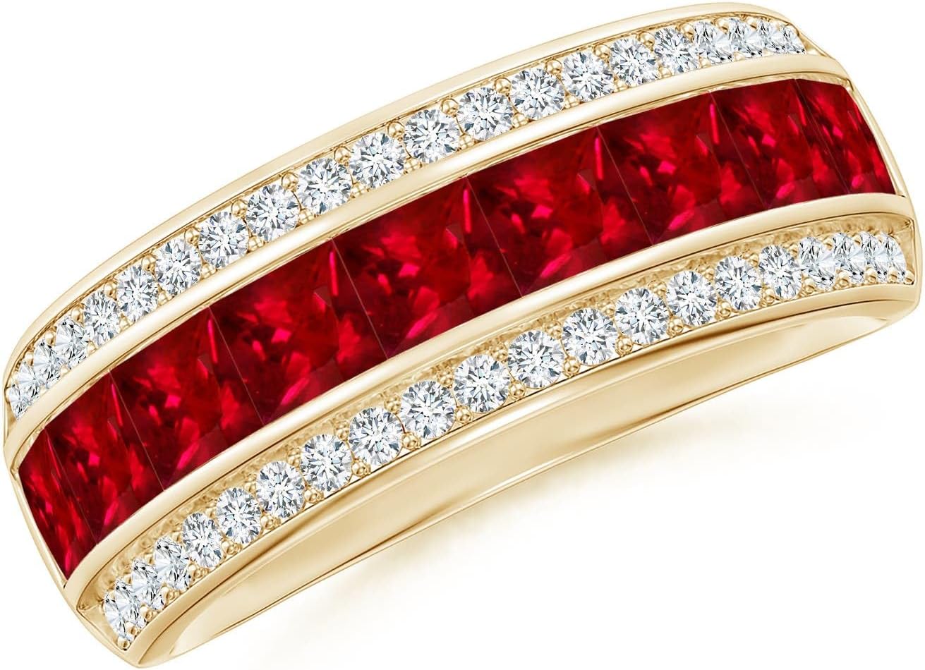 Angara Channel-Set Square Ruby and Diamond Half Eternity Band in 14K Solid Gold/Platinum | Natural Ruby Stackable Ring for Women | July Birthday, Anniversary, Gemstone Jewelry Gift