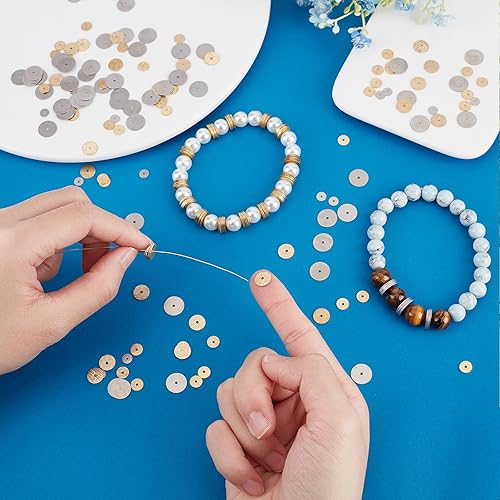 Miniatura 4 de CREATCABIN 600 cuentas Heishi de latón, 2 colores, 4 tamaños, 0.236 pulgadas, 0.315 pulgadas, planas, redondas, de metal, espaciadores, hallazgos,
