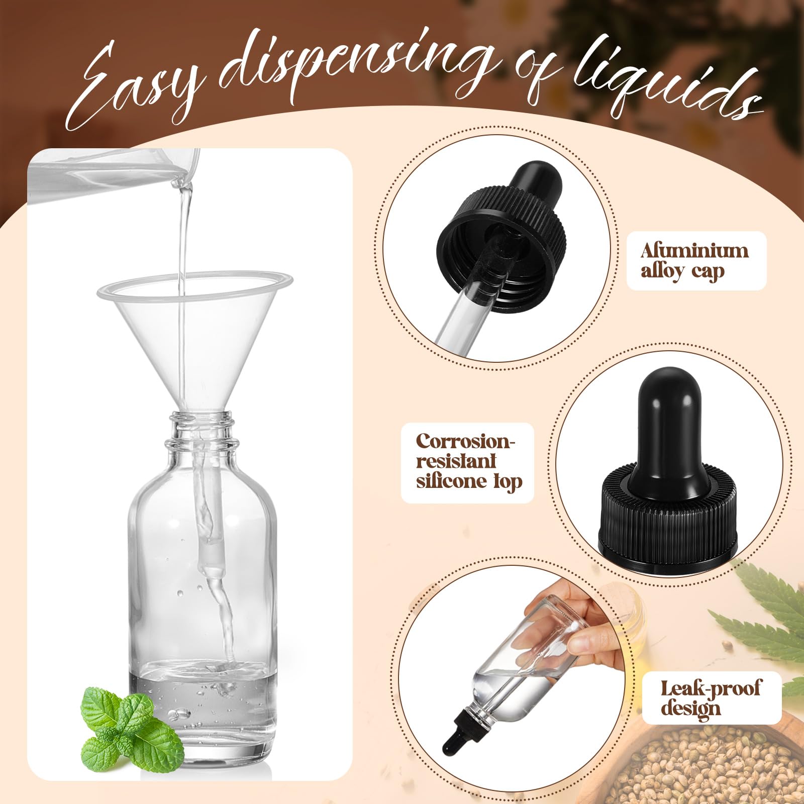 Lallisa 48 Stück Glas-Tropfflaschen mit Augentropfenspender, Labor Tropfflaschen mit 4 langen Pipetten, 4 Trichter und 80 Etiketten für Reisen, Nagelhautmassage, ätherische Öle, Parfüm (transparent,