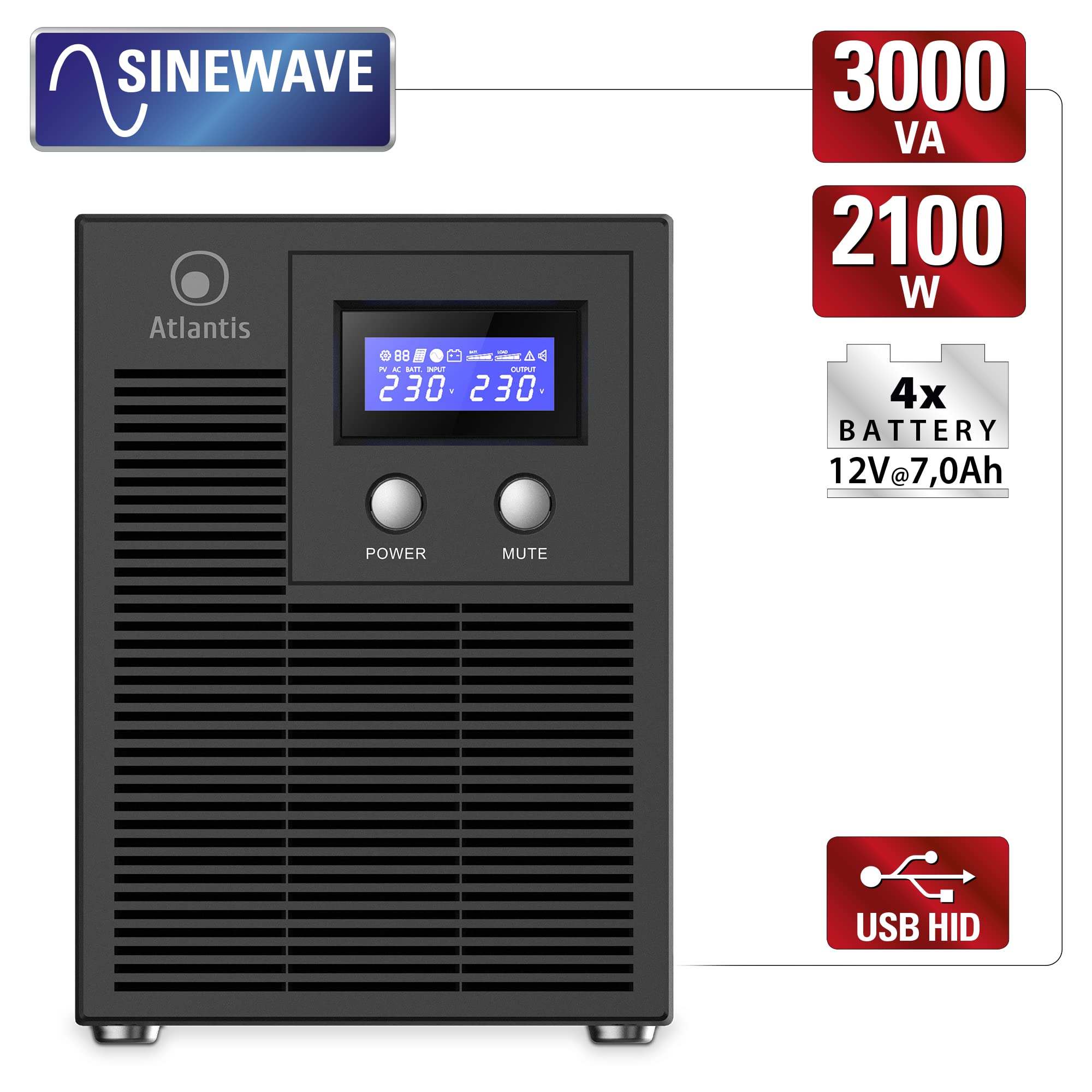 Atlantis A03-HP4003P Gruppo di Continuità Onda Sinusoidale Pura 3000VA 2100W Line Interactive, display LCD, porta USB-HID, 6 uscite IEC, 4 batterie 12V-7Ah, porta seriale RS232, slot per SNMP, softwa