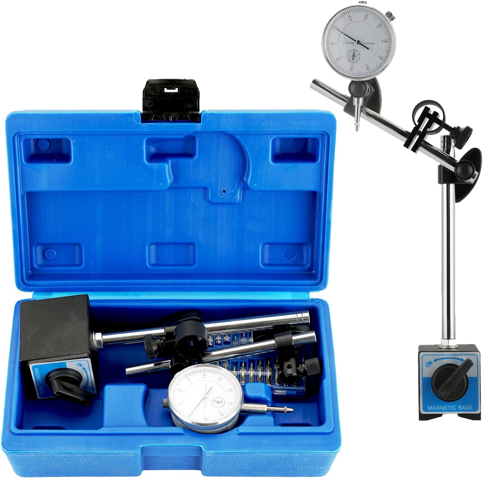 DASBET 110Lbs Magnetic Base with Fine Adjustment, 0-10mm Range Dial Indicator Magnetic Dial Indicator Holder Set in Strong Carry Box
