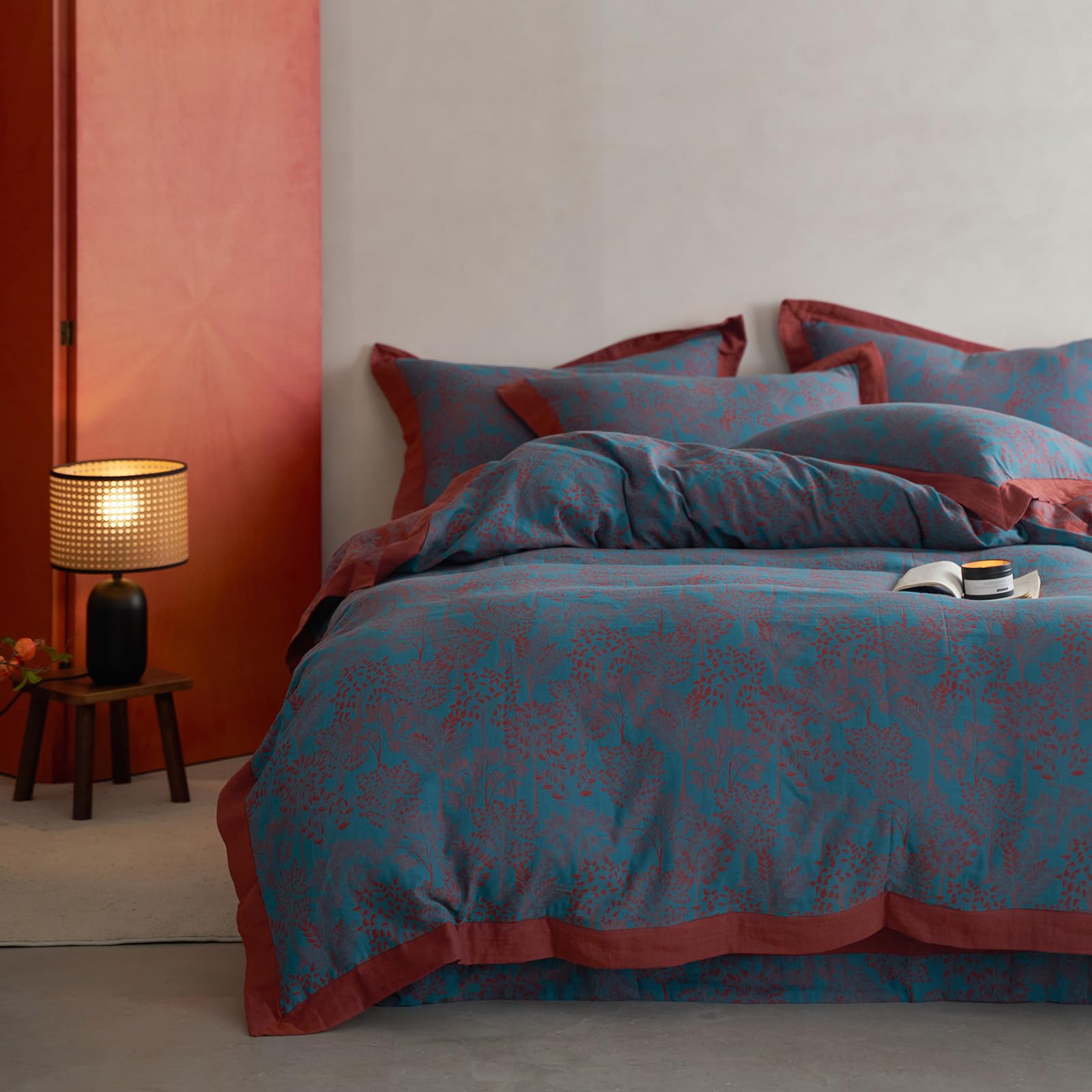Vintage Blue Floral Duvet Cover Twin XL Size Forest Theme Jacquard Bedding Set Linen Cotton Yarn-Dyed Textured Duvet Cover Burgundy Reversible Tree Leaves Botanical Duvet Cover with Zipper Closure — image 1