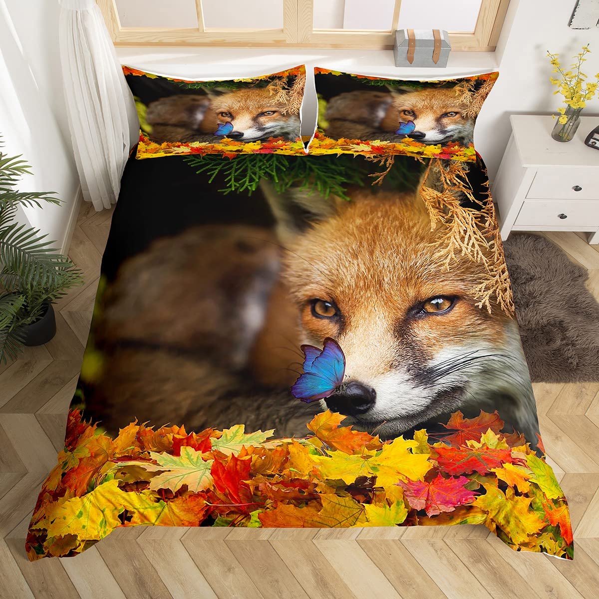 Loussiesd Fox Bedding Set 3D Animal Comforter Cover for Kids Adult Woodland Fox Butterfly Duvet Cover Botanical Leaf Nature 2Pcs Single — image 1