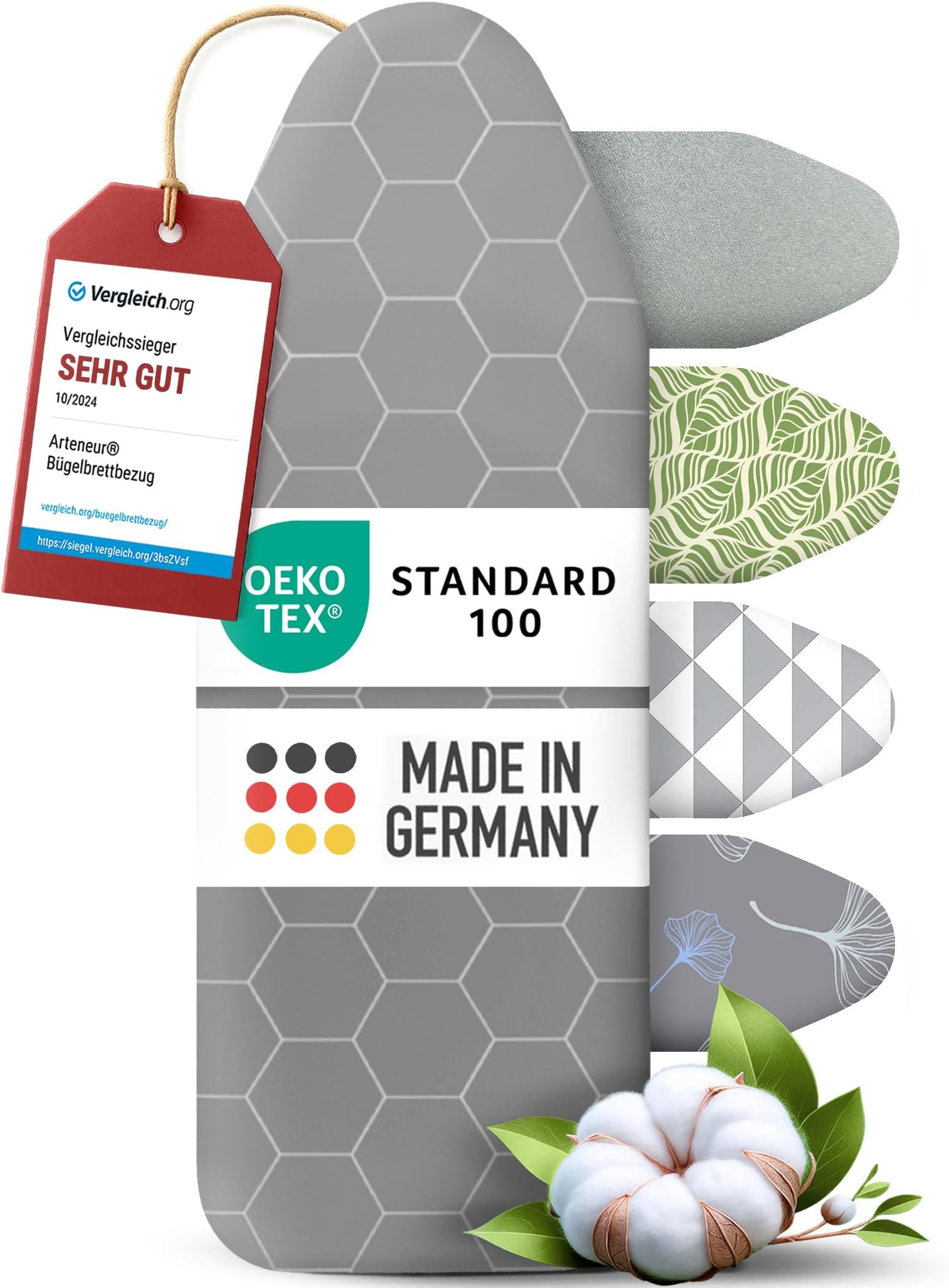 arteneur Ironing Board Cover 120 x 40 cm Heat Reflective Elastic Band Oeko-Tex 100 Size M Grey Hexagonal