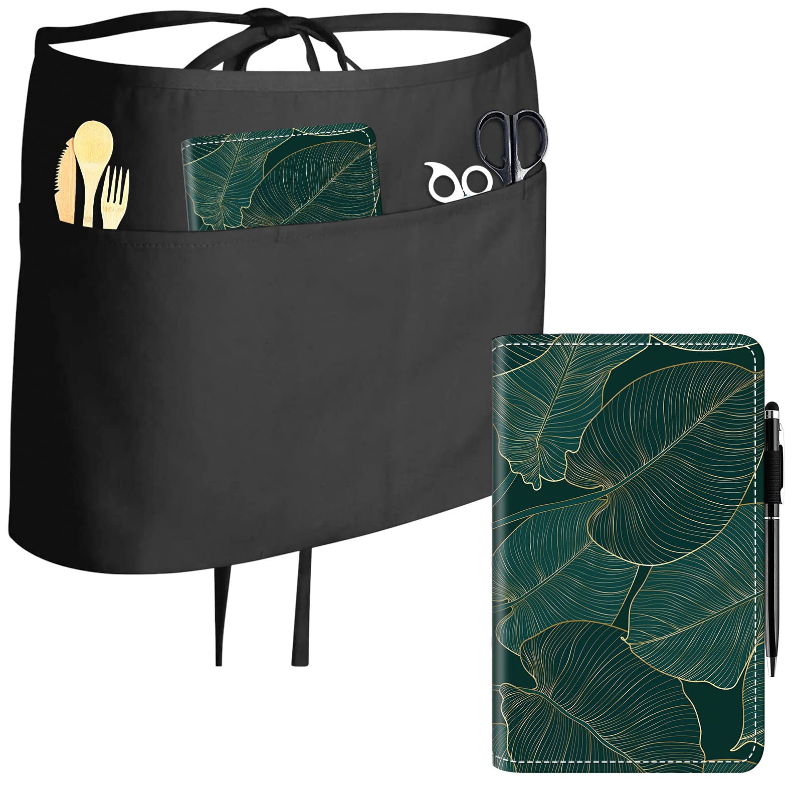 JYCUHTCL Server Aprons+Server Book Bundle, Waitress Apron with 3 Pockets Waitress Book-3D Tropical Leave