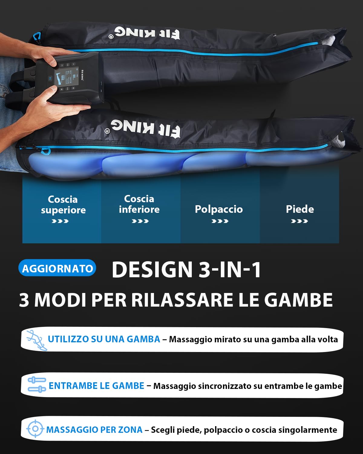 FIT KING Massaggiatore Gambe a Compressione d‘Aria Ricaricabile Senza Fili, Massaggio con 4 Zone Regolabili, 3 Modalità e 12 Intensità, Ideale per Recupero Sportivo e Relax Quotidiano (Medio)