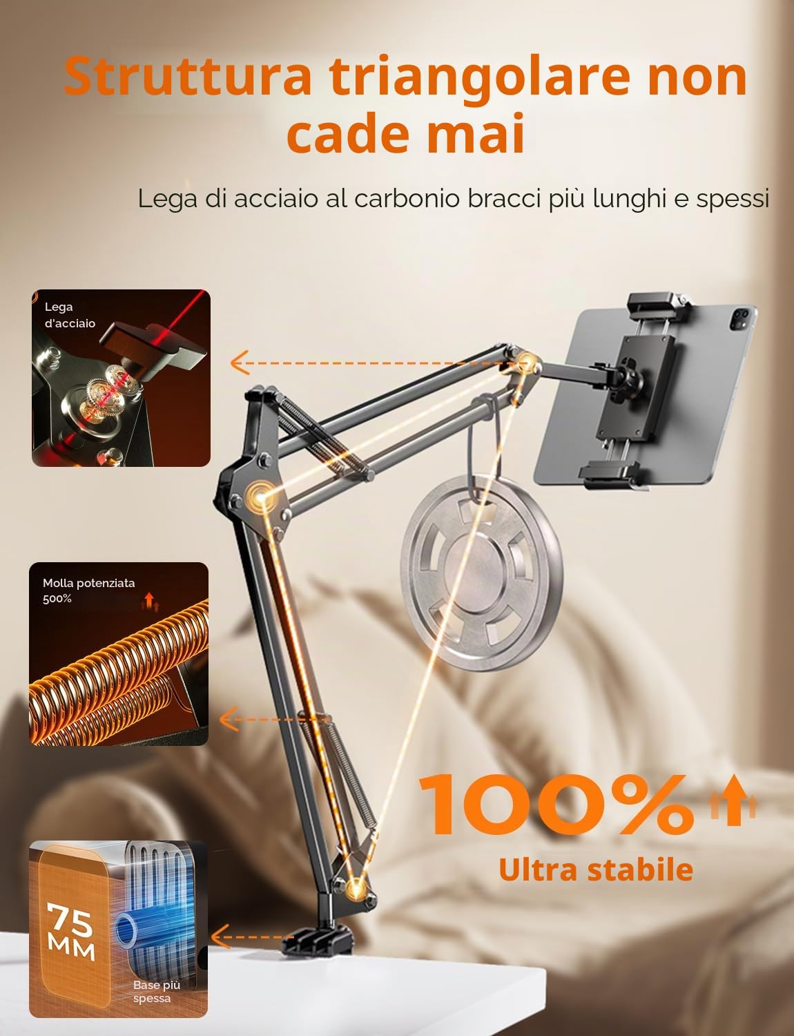 LISEN Supporto per tablet regolabile a braccio lungo 2 clip per iPad Kindle Samsung Galaxy