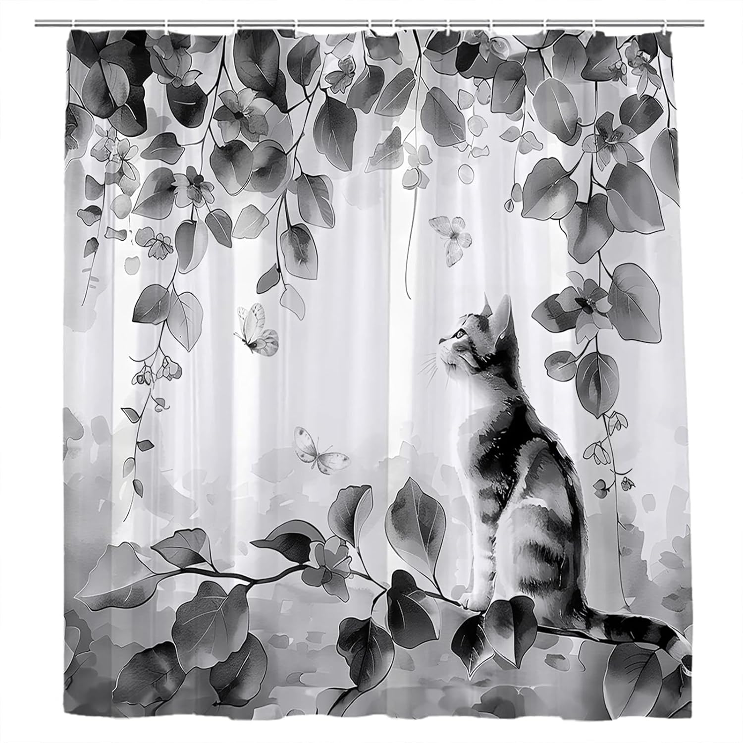 Plants and Cat Shower Curtain Rustic Green Eucalyptus Leaves Violet Floral Funny Farmhouse Animals Garden Plants Spring Flowers Bathroom Decor Curtains 94x70 inch with Hook