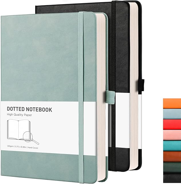RETTACY A5 Dotted Notebook - Bullet Dot Grid Journal Couple Bundle 2 Pack Hardcover with Journal 2 Free Stencils, Pen Holder, 320 Pages, 120gsm Thick Paper, Faux Leather, Inner Pocket,14.5 x 21cm