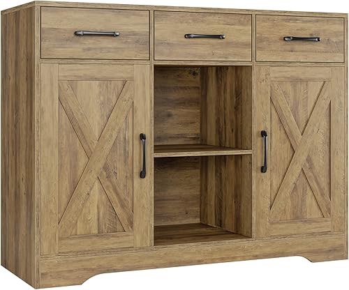 HOSTACK Wood Modern Farmhouse Buffet Storage Cabinet Barn Doors Sideboard with Storage, Drawers and Shelves for Coffee Bar, Kitchen, Dining Room,