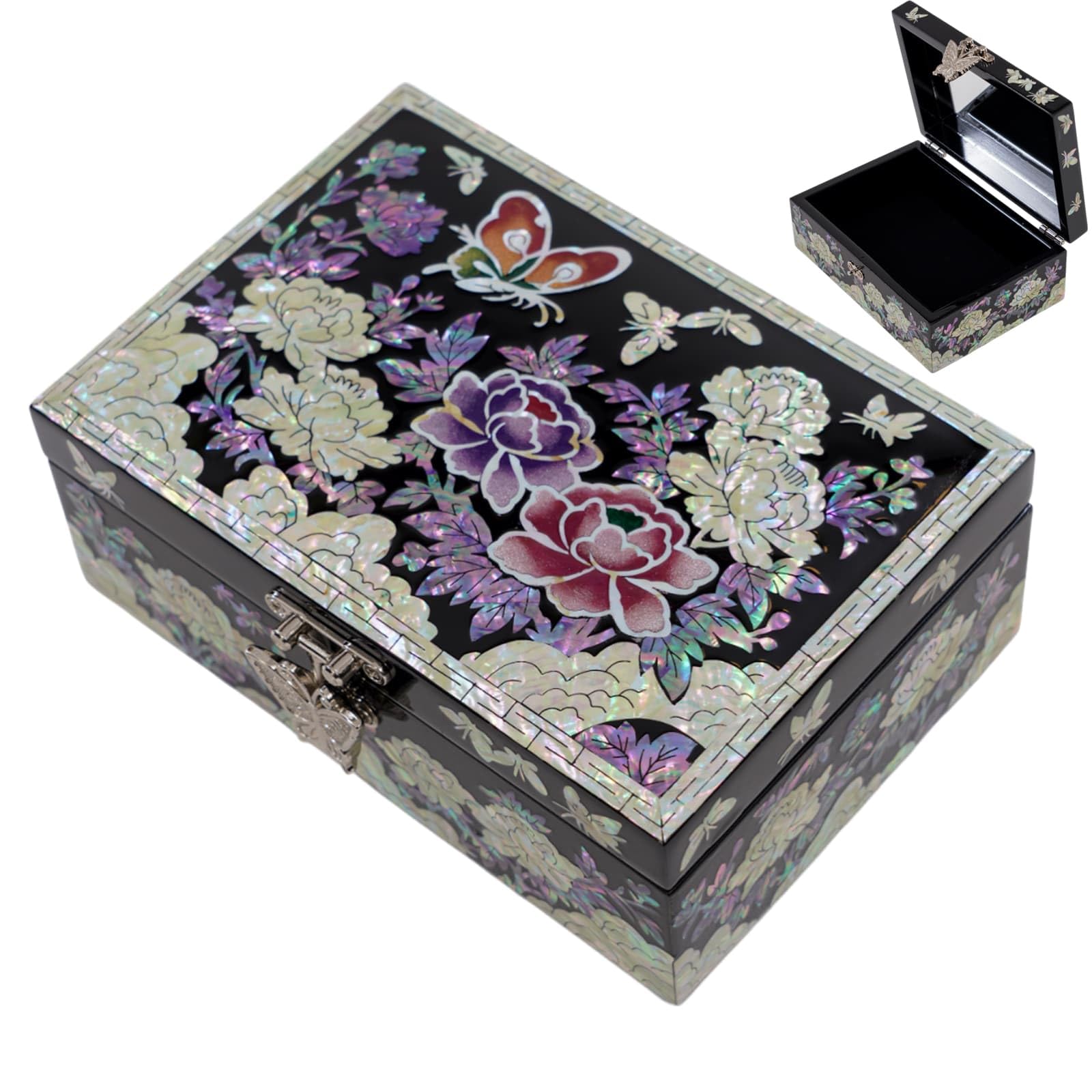 February Mountain Handmade Korean Mother-of-Pearl Trinket Box with Mirror – Keepsake Gift for Women – Anniversary, Christmas, Birthday – Butterfly Clasp, Felt Lining (Peony & Butterfly)