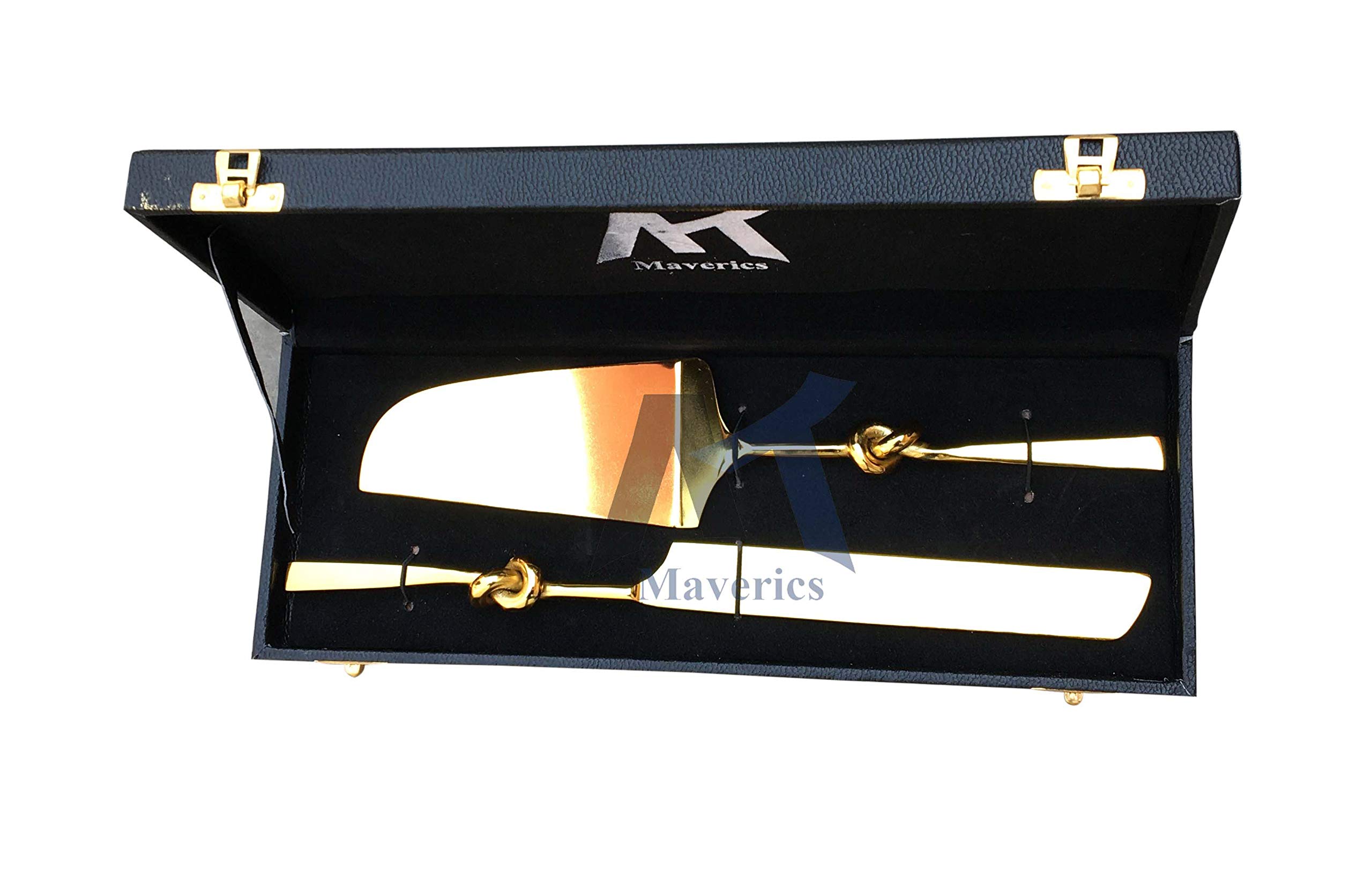 Maverics Cake Cutter Knife and Server Spatula Set of 2 | Single Knot Handle Design | Brass Gold Plated | Stainless Steel Cake Cutting Knife & Pie Server | Wedding, Birthday & Gifting