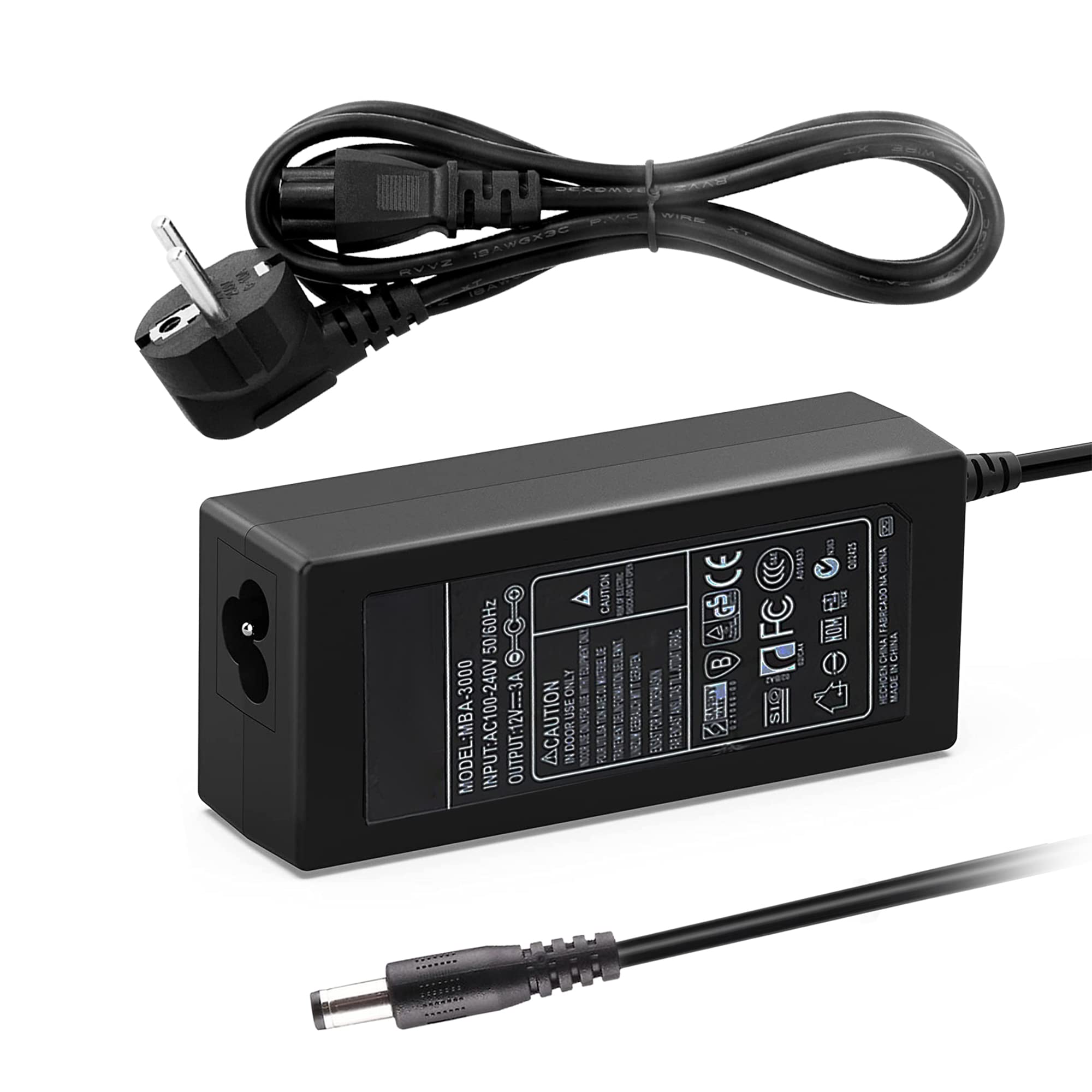 Venton Uniwersalny zasilacz 12 V DC 3 A 36 W, AC 100-240 V 50/60 Hz, adapter, zasilacz sieciowy/długość kabla 1 m (wtyczka jack 5,5 – 2,5 mm) kompatybilny z laptopami, TV Box, paskami LED, routerem,