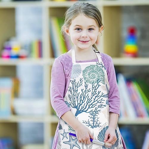 Miniatura 2 de FRAMICS Delantal infantil para cocinar, para niñas y niños, diseño de vida marina, bonito delantal con bolsillos, delantal impermeable azul océano