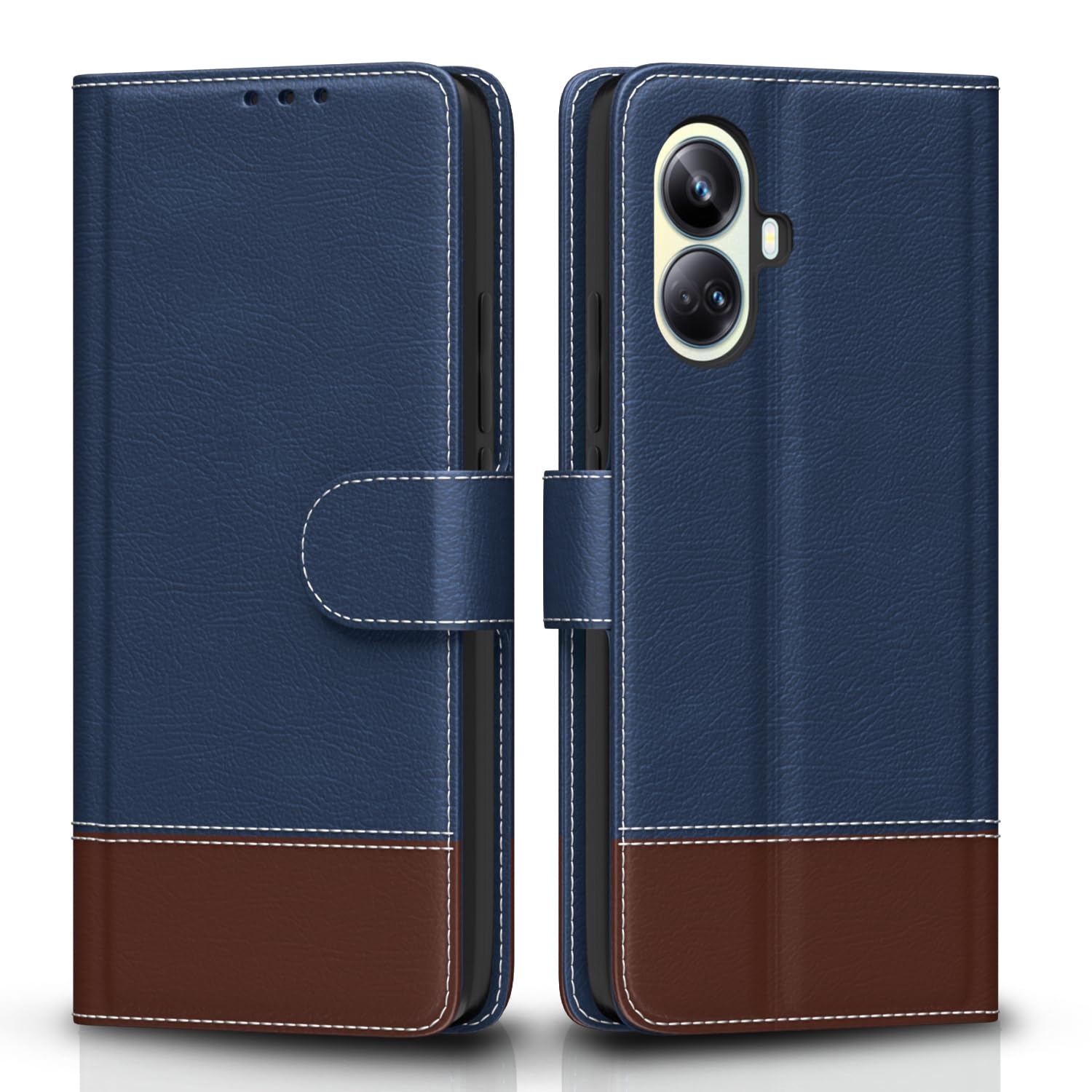 Amazon Basics Flip Cover for Realme 10 Pro Plus 5G | Wallet Style & Stand | Dual-Tone PU Leather Finish | Magnetic Flip Case (Blue & Brown)