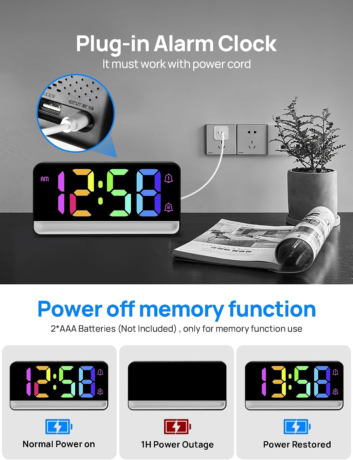 MASHI Loud Alarm Clock for Heavy Sleepers,Digital Clock with 12 Color NightLight,Adjustable Volume,Dynamic RGB Color, Snooze, DST Bedrooms Bedside,ok to Wake for Kids,Teens