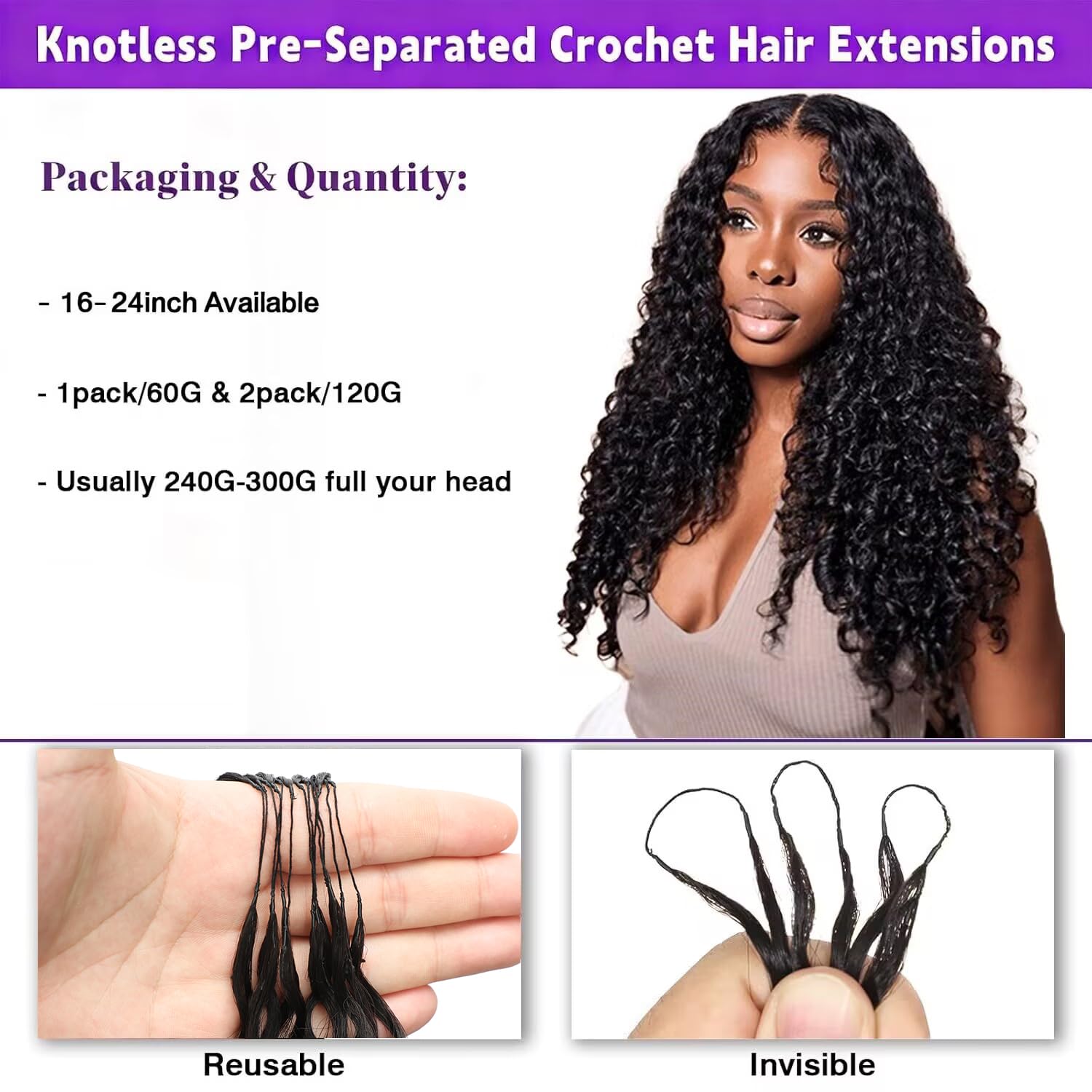 Human Crochet Hair For Black Women 16A Raw Feather Crochet Human Hair Pre-Separated Burmese Curly Crochet Human Hair 18inch 120g Miracle Knots Reusable Curly Hair Extensions Natural Black