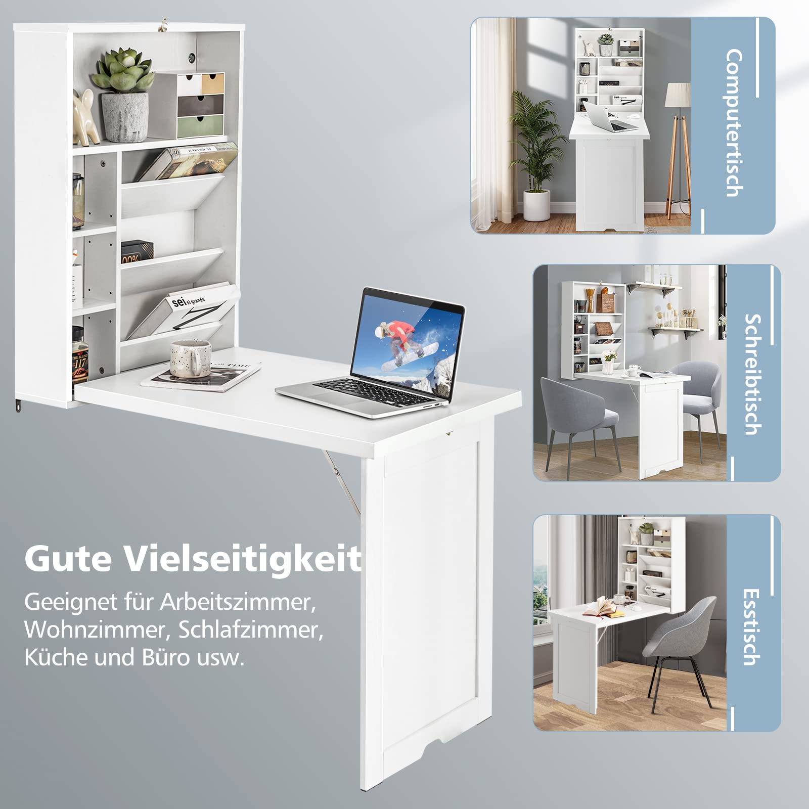 COSTWAY Wandklapptisch mit Stauraum, klappbarer Wandtisch, platzsparender Wand Klapptisch, Schreibtisch Esstisch für Esszimmer Wohnzimmer Küche (Weiß)