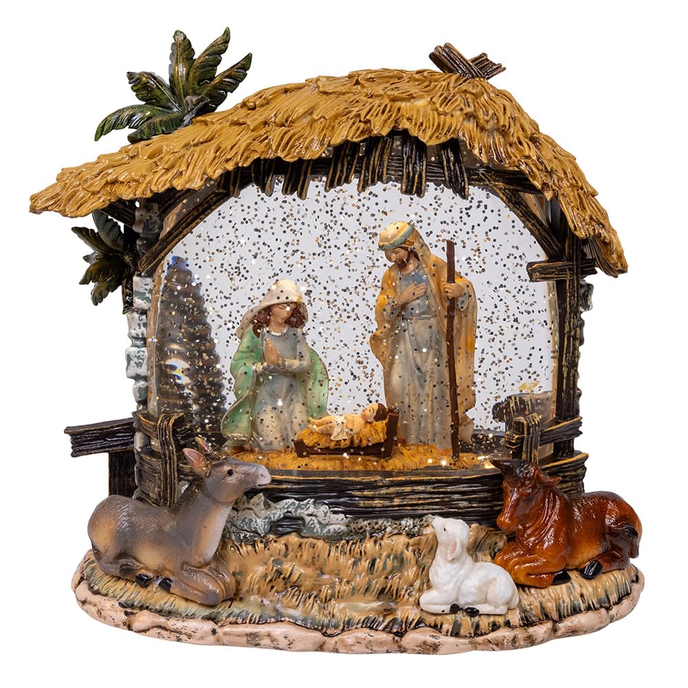 Belén Iluminado USB para Decoración de Salón Navideño con Movimiento de Purpurina