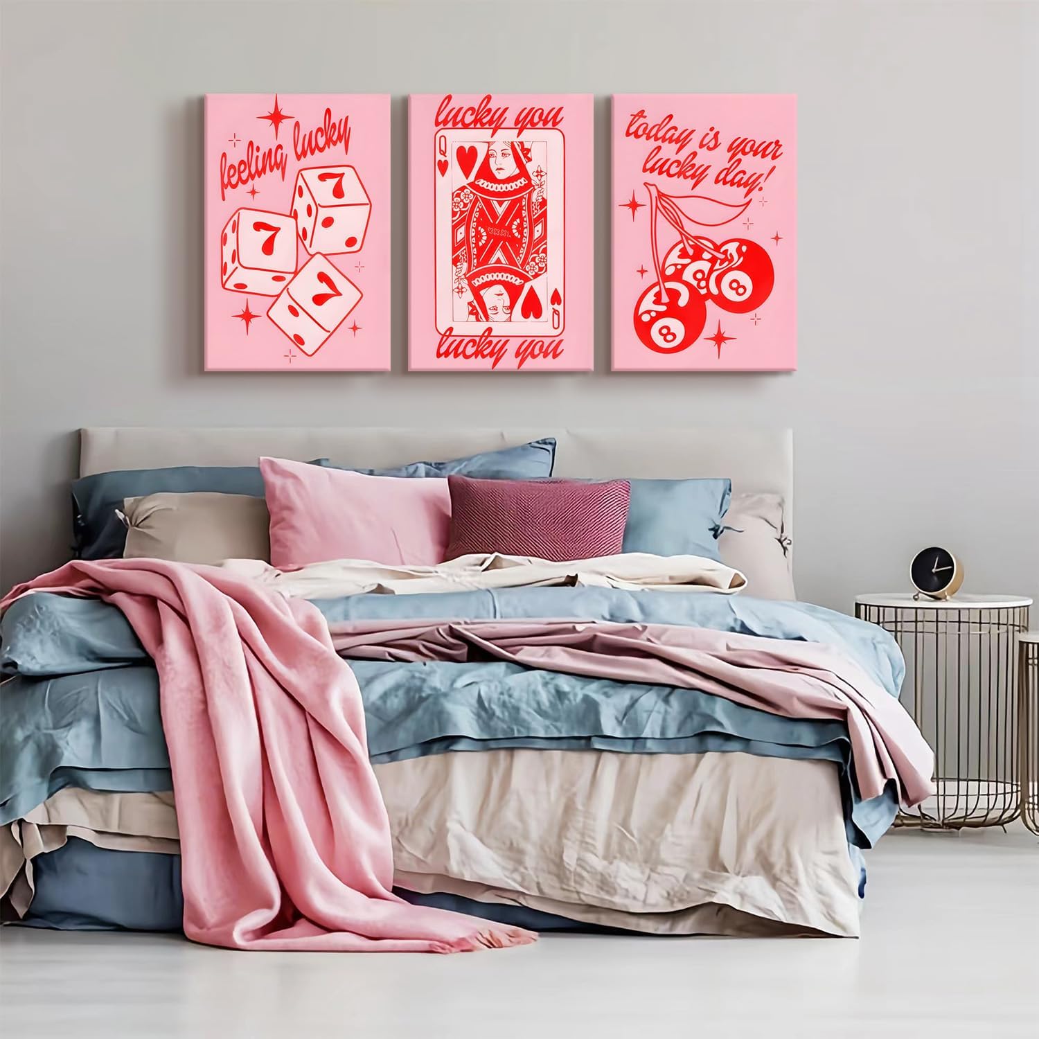 3Pcs Framed Pink Lucky You Canvas Wall Art Pink Dice wall Decor Queen Hearts Poker Posters Lucky Number 7 Preppy Pictures prints Trendy Preppy style Decor Painting(12x16in x3 Pcs Framed)