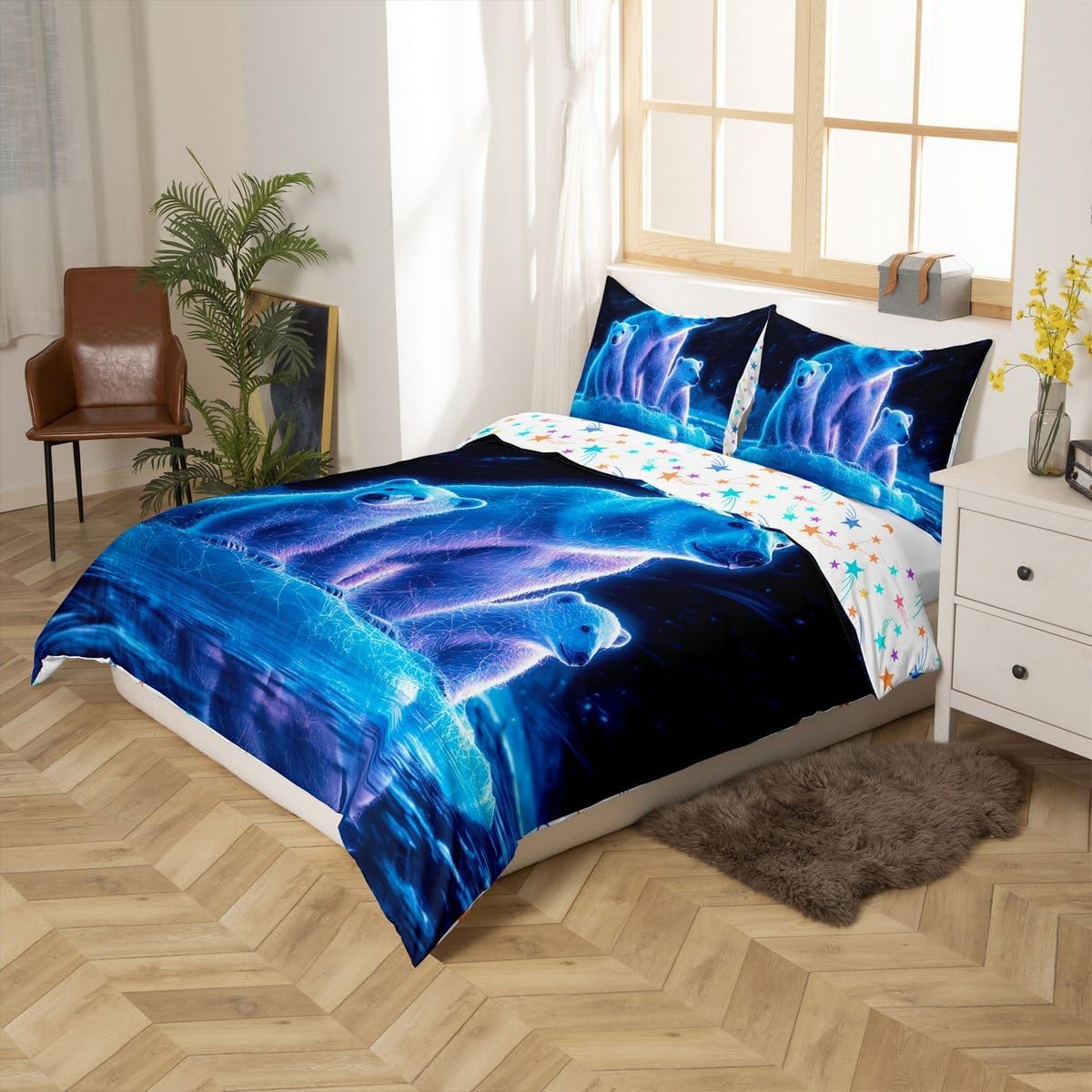 Polar Bear Duvet Cover Set Toddler Size,Arctic Animal Bedding Set Kids Boys Girls Room Decor,Night Galaxy Iceberg Pole Bear Comforter Cover 2Pcs,Wildlife Ocean Theme Bedspreads Cover,1 Pillowcase