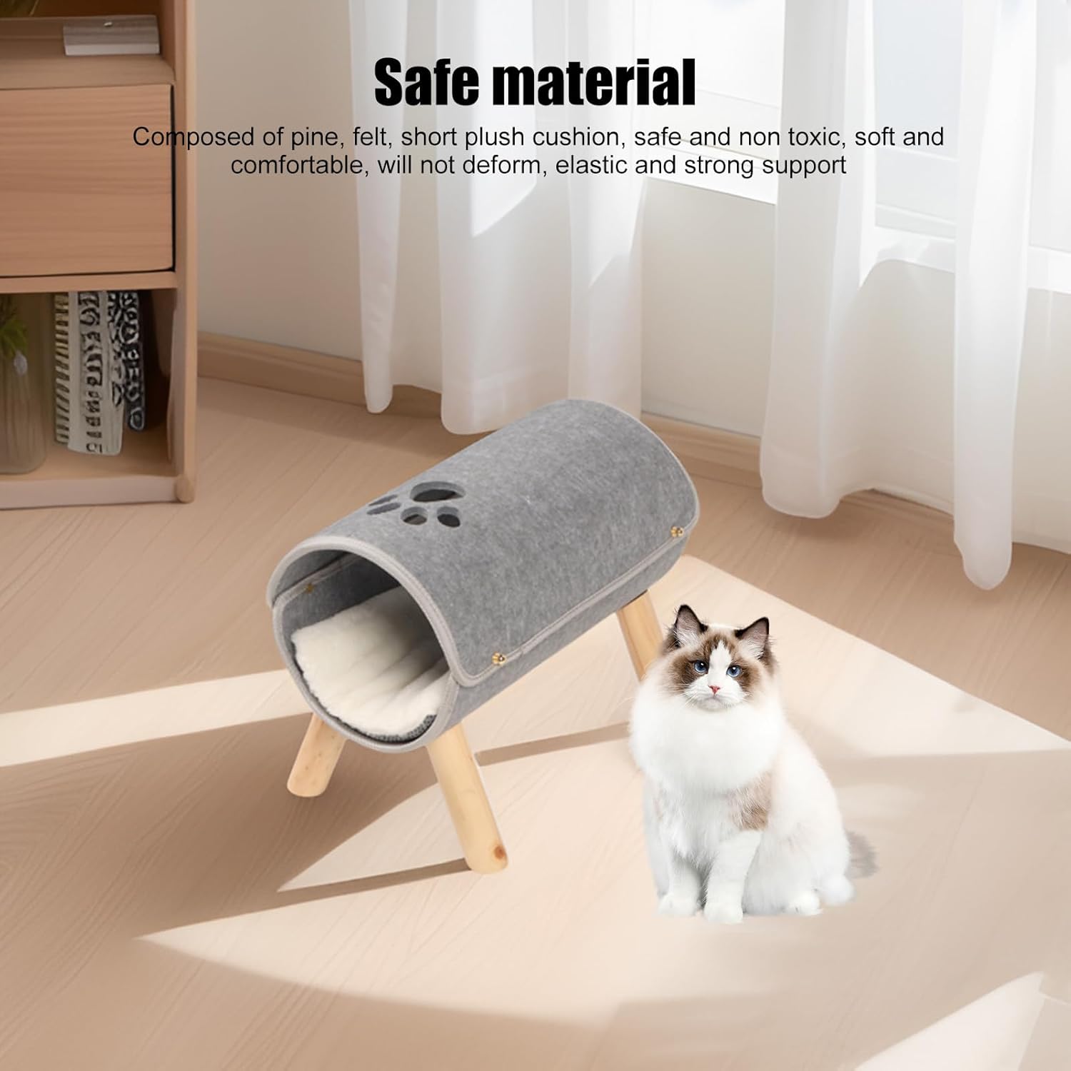 Cat Tunnel Bed, Pet Felt Tunnel Bed, Elevated Wooden Legs Cat Tunnel Soft Felt Plush Pad Inside Pet Tunnel Bed for Indoor Amusement Exercise