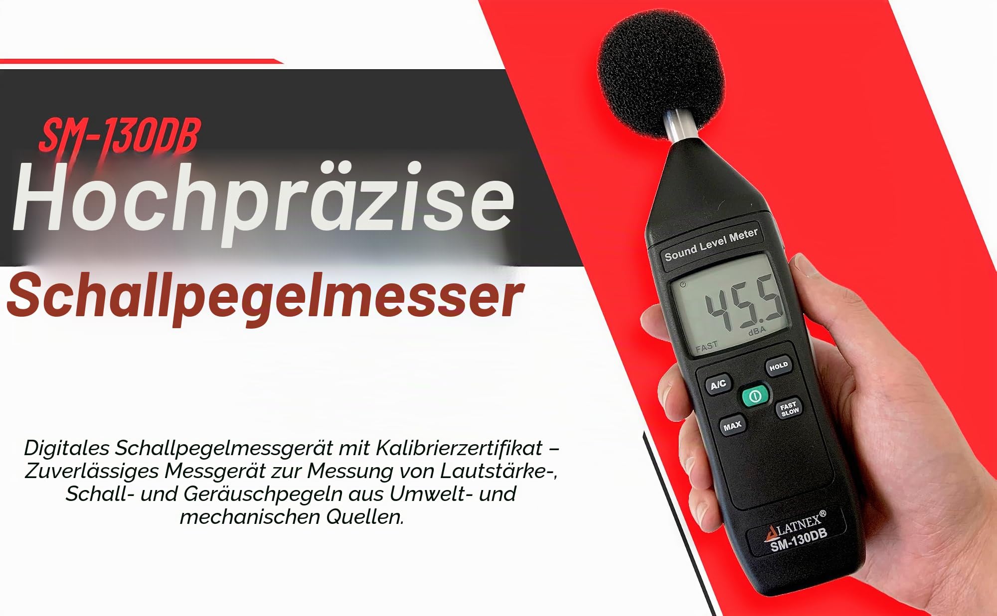SM-130DB Digitales Dezibel-Messgerät und Schallpegelmesser Typ 2 mit Kalibrierzertifikat Messgerät für Umwelt- und mechanische Lärmmonitor - Fertigung, Büro, Klassenzimmer