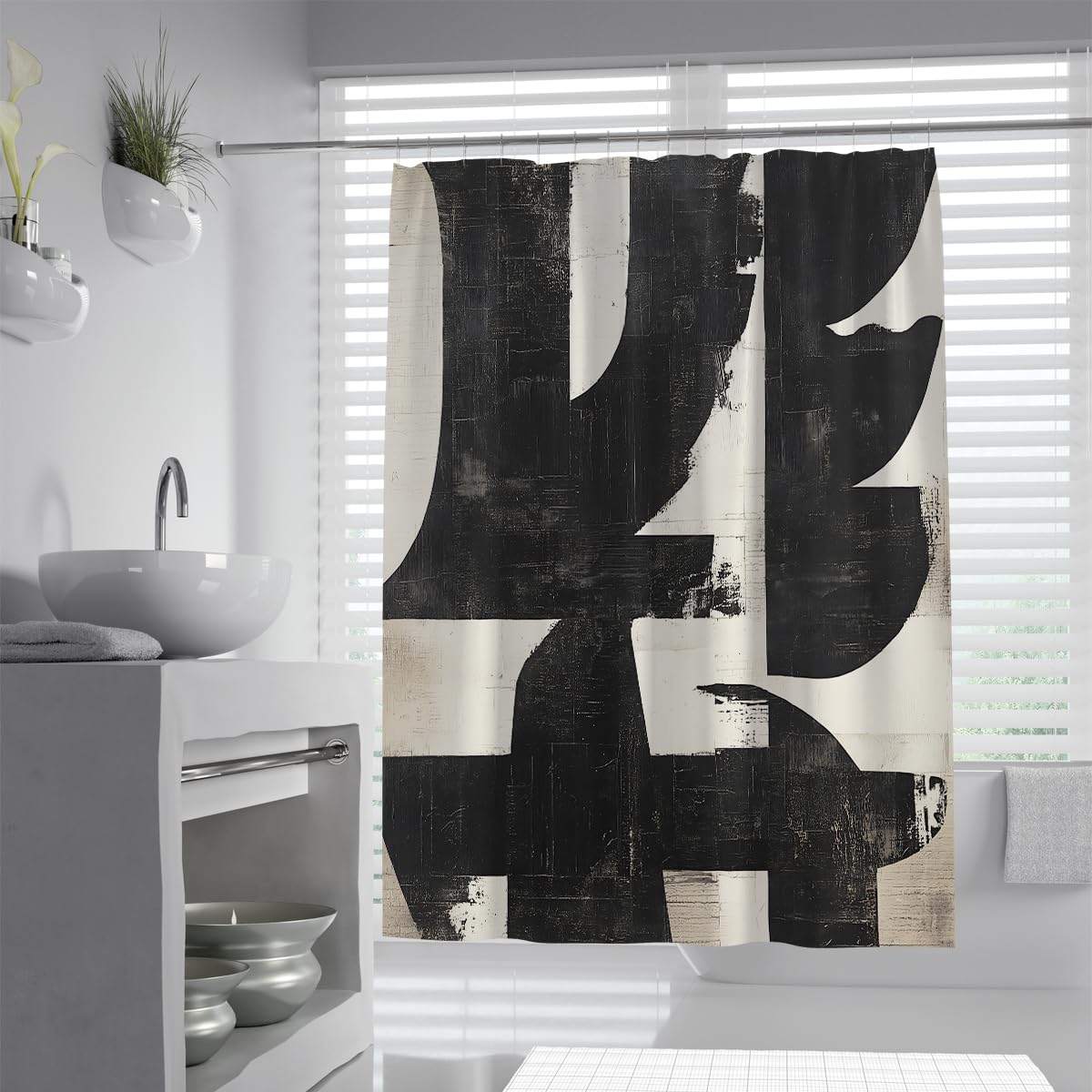 OLLIAR Home Vintage Shower Curtain Modern Abstract Black Brush Strokes Painting Decor Bath Curtain Set Waterproof Fabric Soft Bathroom Accessories with Hooks 240x180cm