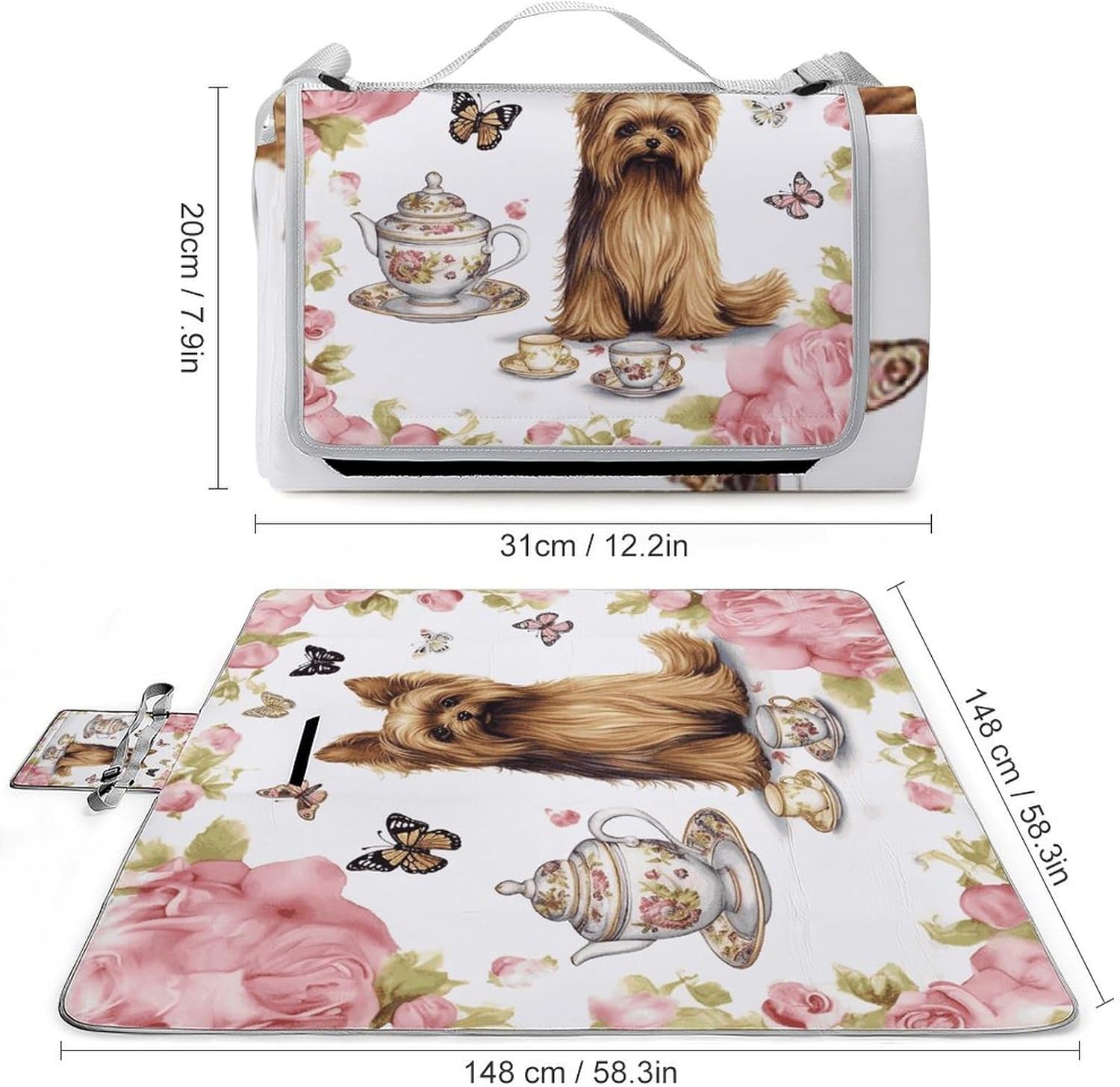 Yorkshire Terrier Tea Party Butterflies Roses Beach Blanket Thickened Foldable Camping Mats Soft Lightweight Beach Pad Square Picnic Blankets with Shoulder Strap for Park Grass Patio Hiking