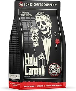 Bones Coffee Company Holy Cannoli, Baked Cannoli Flavored Coffee, Medium Roast Low Acid Arabica Beans Compatible with Auto drip and French Press Coffee Maker, 12 Oz Ground