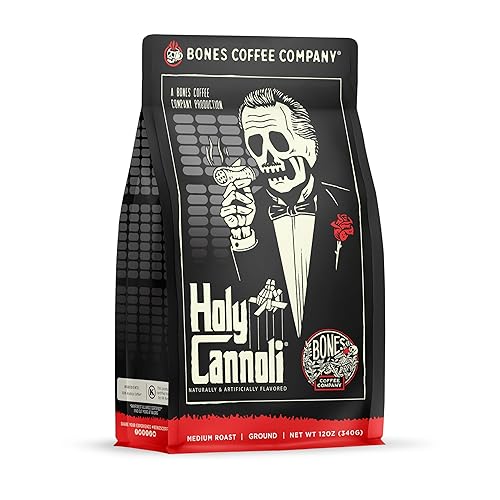 Bones Coffee Company Holy Cannoli, Baked Cannoli Flavored Coffee, Medium Roast Low Acid Arabica Beans Compatible with Auto drip and French Press Coffee Maker, 12 Oz Ground - Holy Cannoli (Ground)
