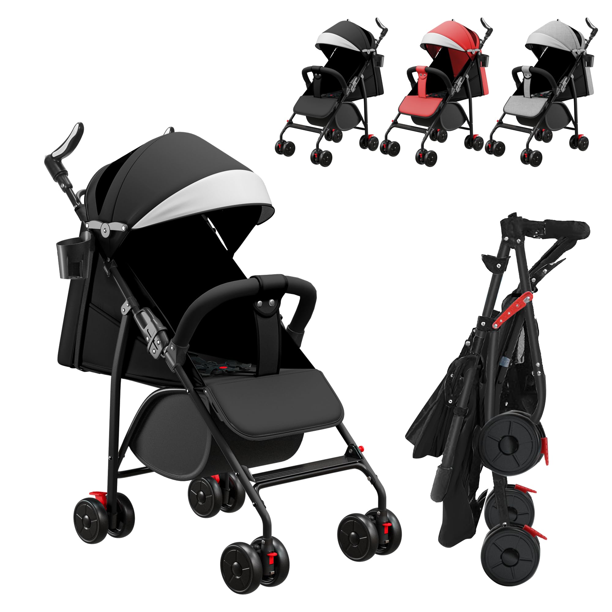 Poussette Canne Compacte et Pliable avec Tapis Rafraîchissant et Moustiquaire, Poussette de Voyage Pliable, Poussettes Compacte Bébé 0 Mois à 4 Ans, Jusqu'à 25 kg (Noir)
