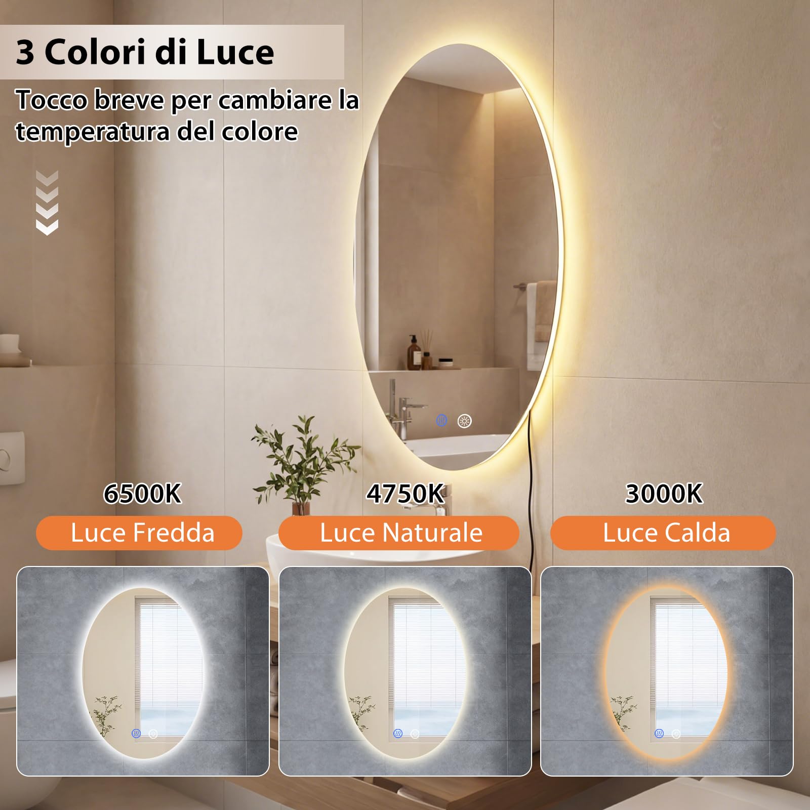 COSTWAY Specchio da Bagno Ovale 70 x 50 cm, Specchio Retroilluminato Bagno con Luce, Antiappannamento, 3 Colori di Luce Dimmerabili, Funzione Memoria e Vetro Temperato Infrangibile per Ingresso, IP44