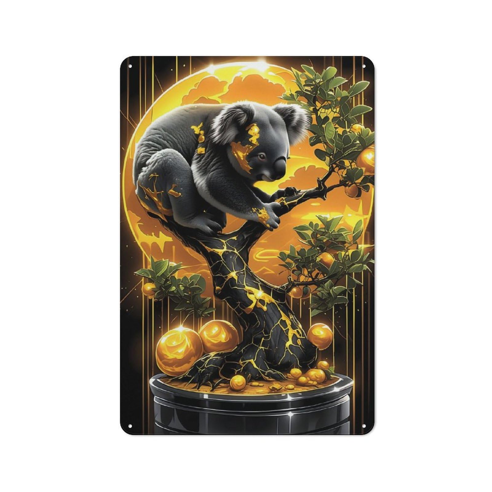 Junmoney Koala Bonsai In Gold Metal Plaque 30X20cm With For Pub Or Café, Rustic Decor, For Garage, Workshop And Man Cave Decoration