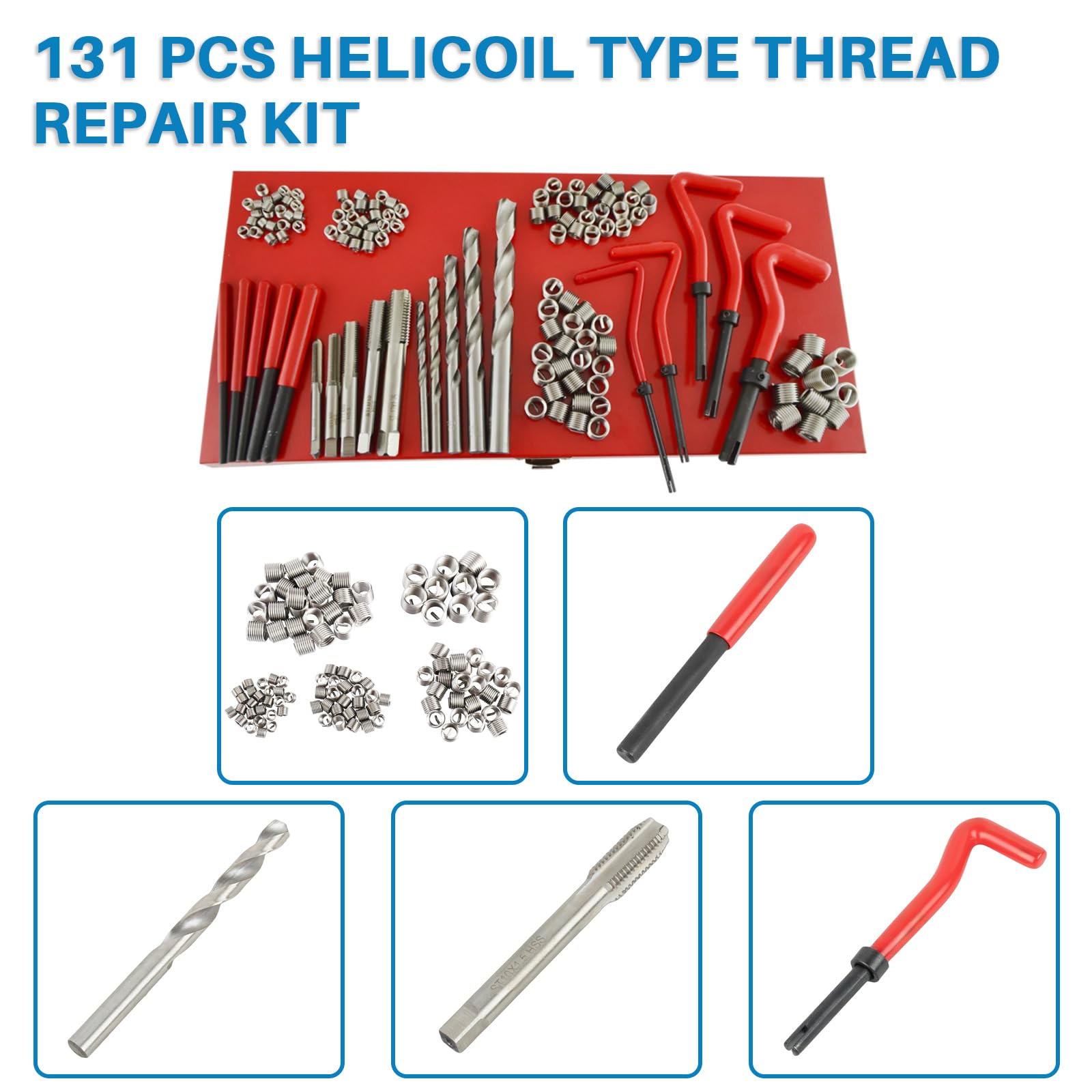 Set di riparazione filettatura, 131 pezzi, set di riparazione Helicoil, ricambio per M5 M6 M8 M10 M12