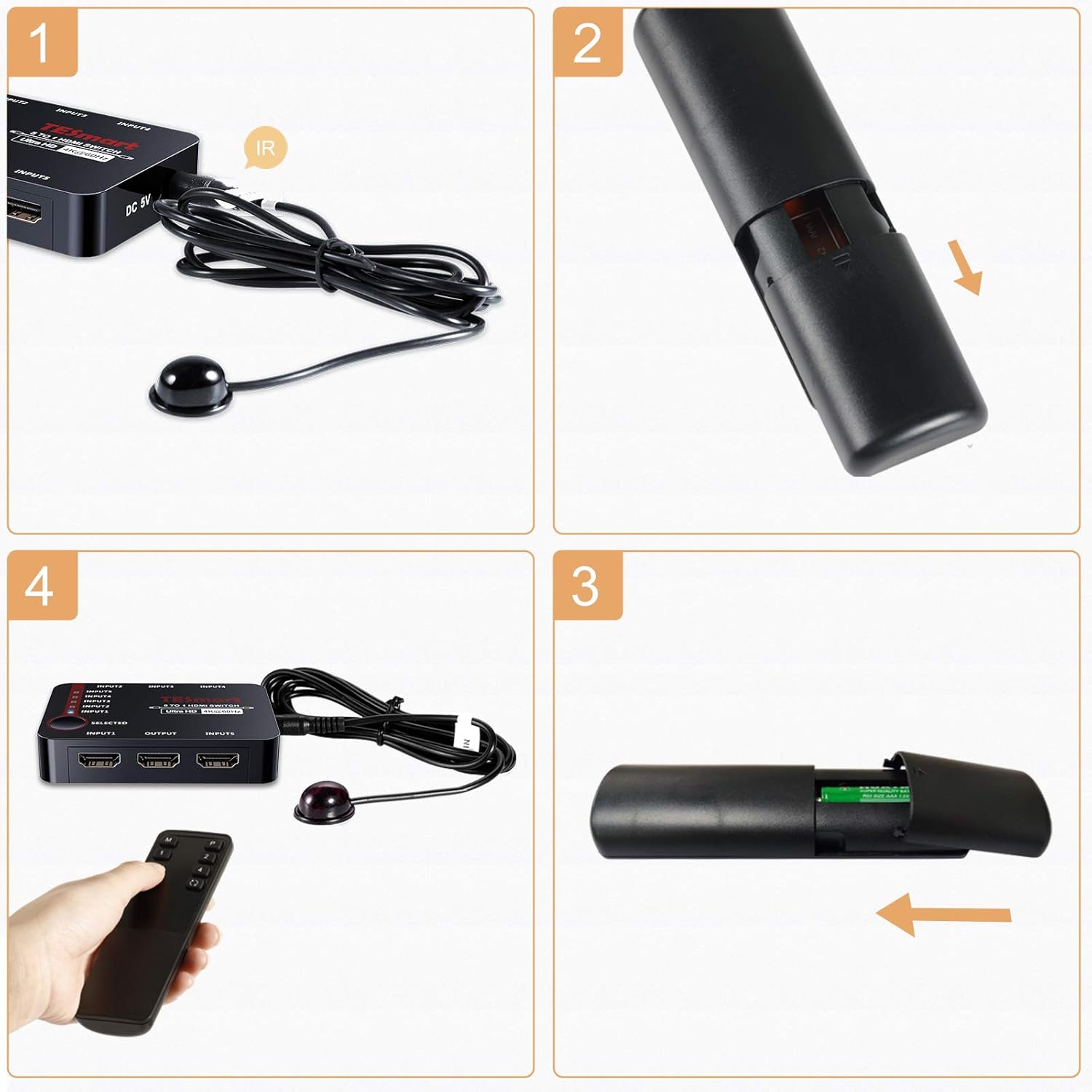 Steps for installing battery in IR remote control