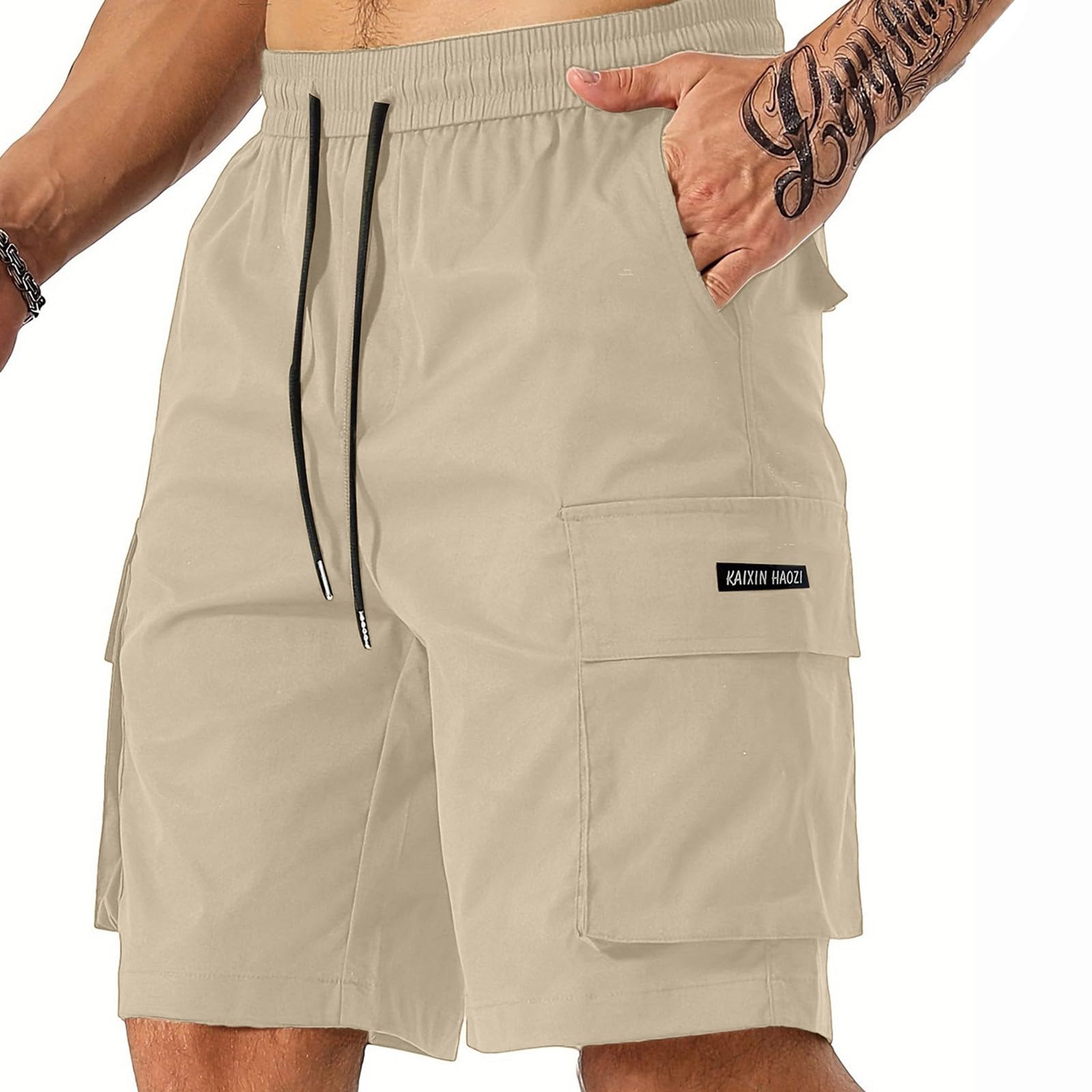 Mens Elastic Waist Shorts Knee Length Cargo Casual Summer Shorts Lightweight Outdoor Work Hiking Short with Pockets Breathable Chino Golf Short Stretch Active SweatShorts Carpenter Construction Pants