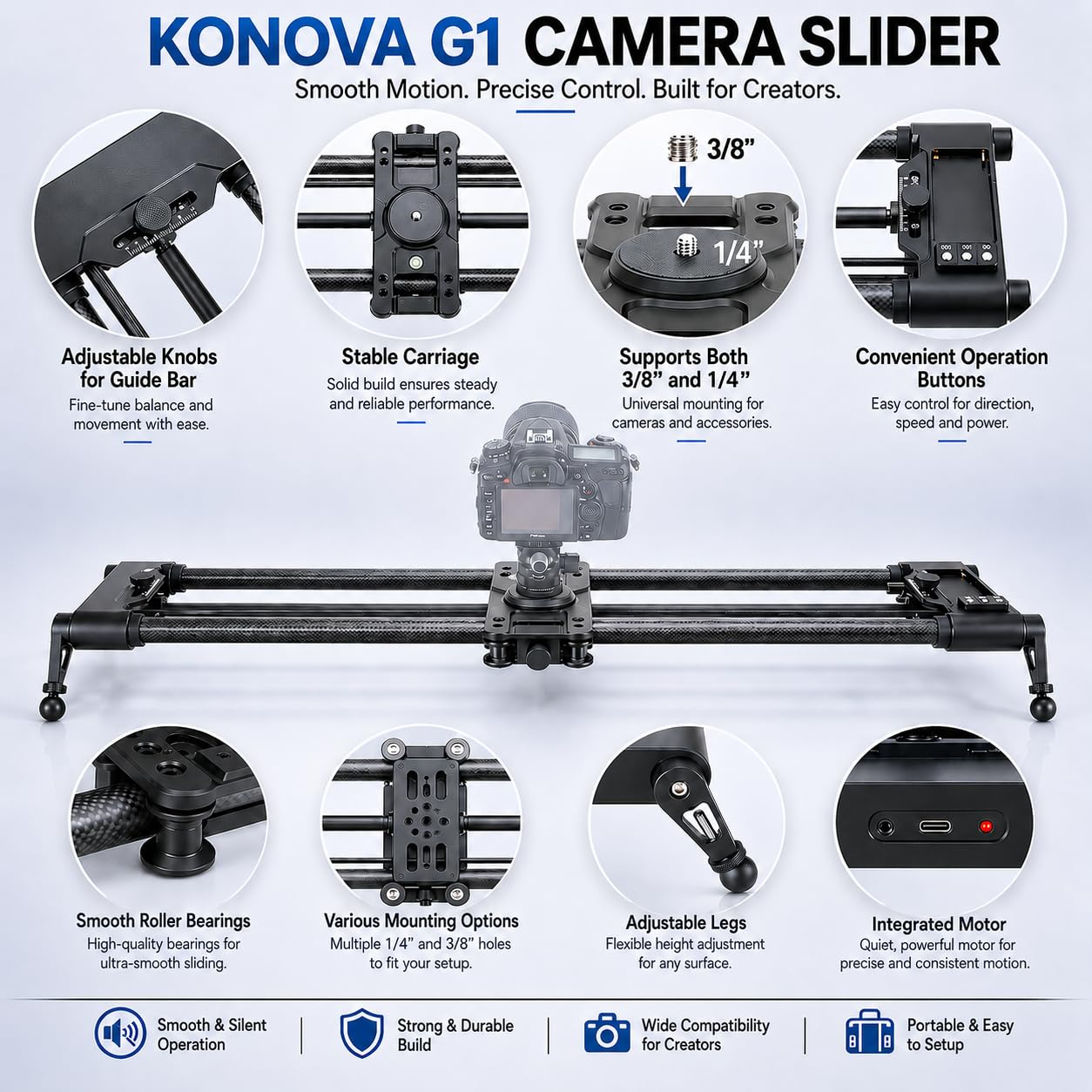 KONOVA G1 Slider Motorizzato per Fotocamera DSLR e Mirrorless, Controllo Bluetooth App, Binario in Fibra di Carbonio, Motion Control per Time Lapse, Stop Motion, Tracking e Panorama (100cm)